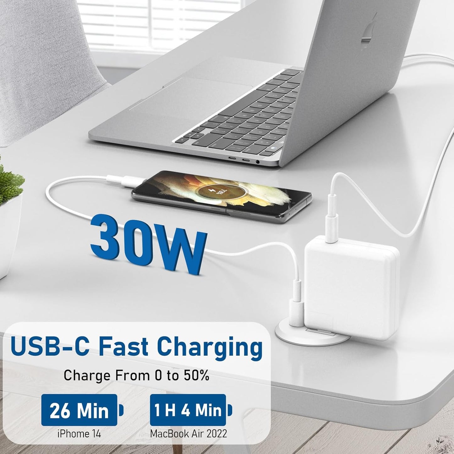 Desktop Power Grommet 2 Inch Hole, PD 30W USB C Fast Charging Station, Recessed Outlet, Ultra Thin Flat Plug Power Strip, Slim Extender, Table Outlets for Home, Office, 6ft Cord, White