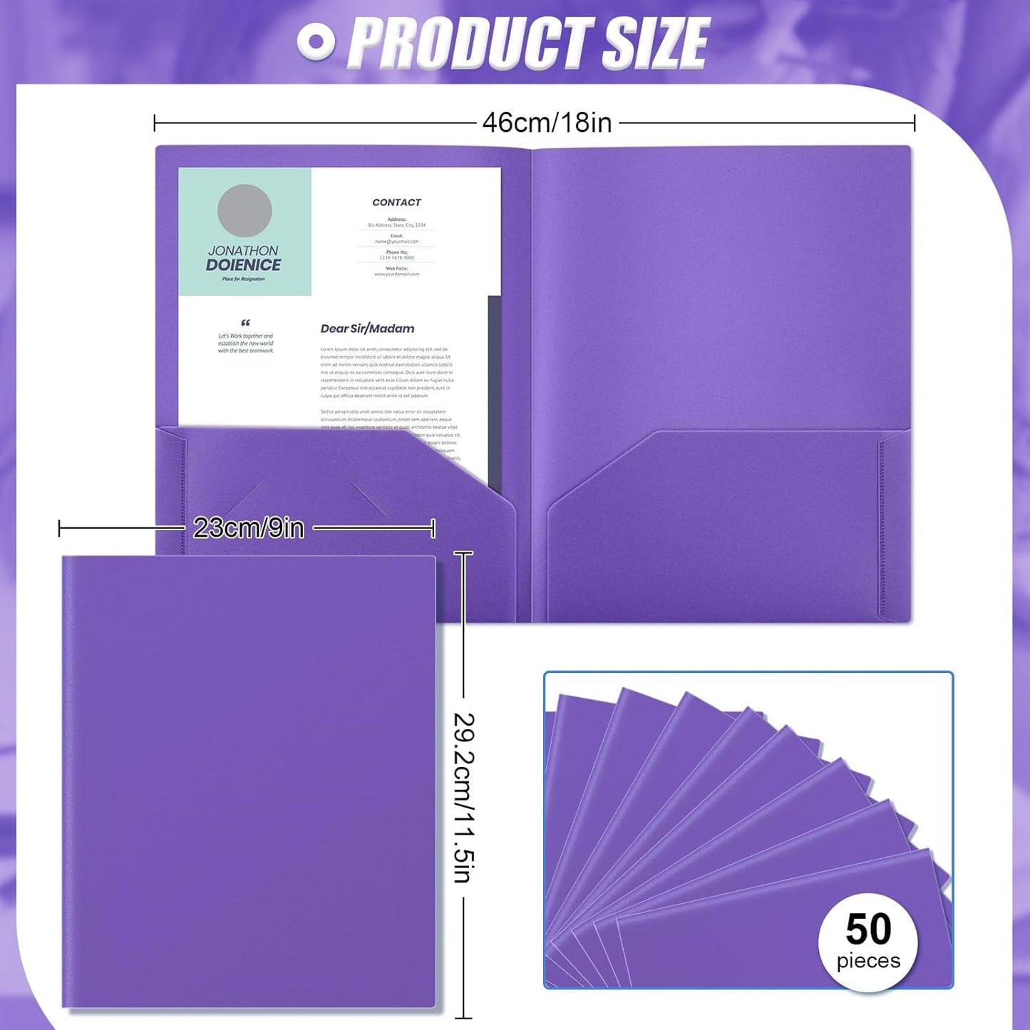 Gueevin 50 Pcs Plastic Folders with Pockets, Back to School Two Pocket Folder Fit Letter Size, Heavy Duty School Business Card Holder for Home Office, 11. 61 x 9. 45 Inches (Purple)