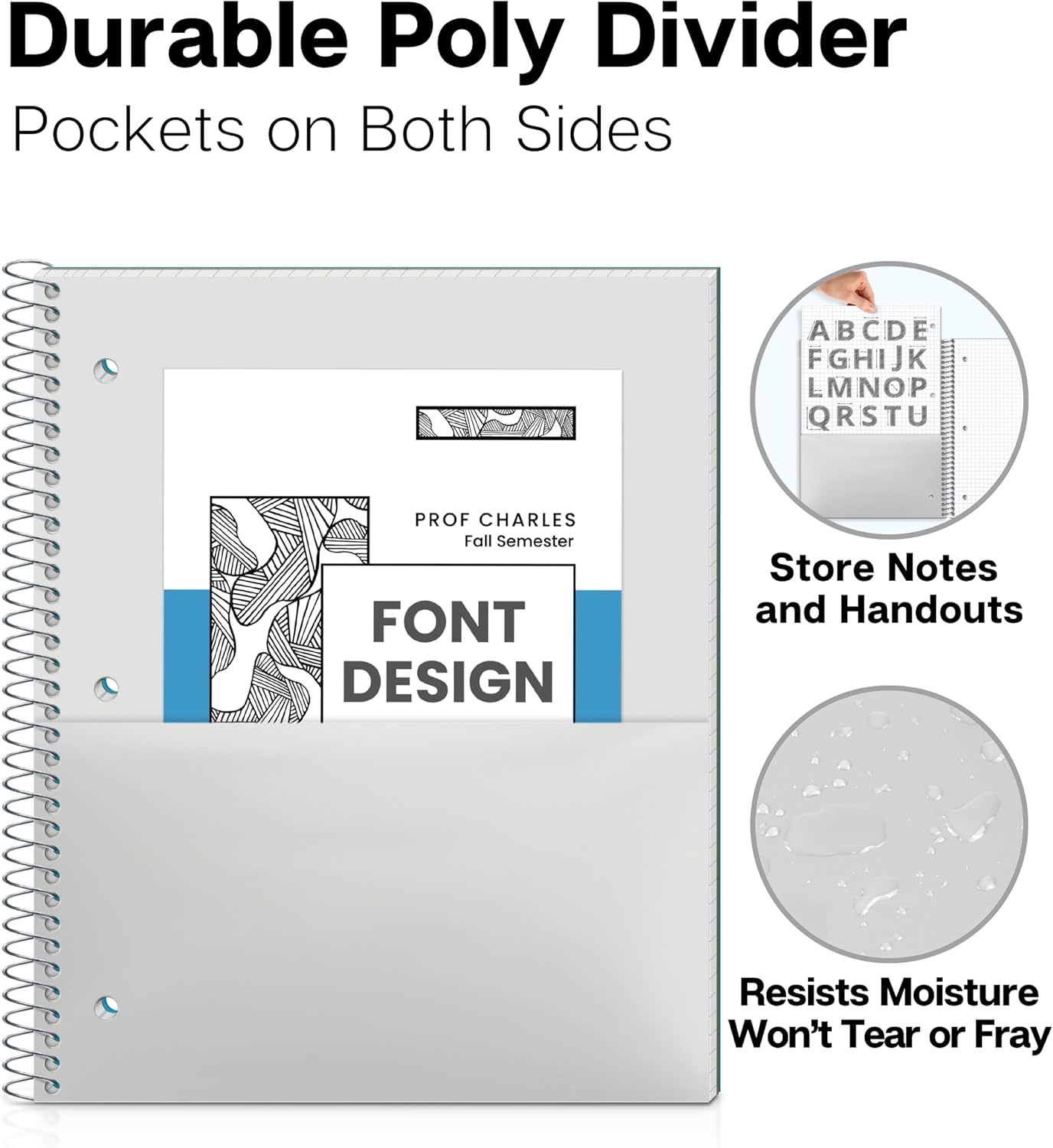 Dunwell Graph Paper Notebook 8.5 x 11 (Blue) Plastic Cover, 100 Sheets (200 Pages), 4x4 Squares, 1 Subject Graph Paper Spiral Notebook, 1/4" Grid, Pocket Divider, Easy Tear-Off, 3-Hole Punched