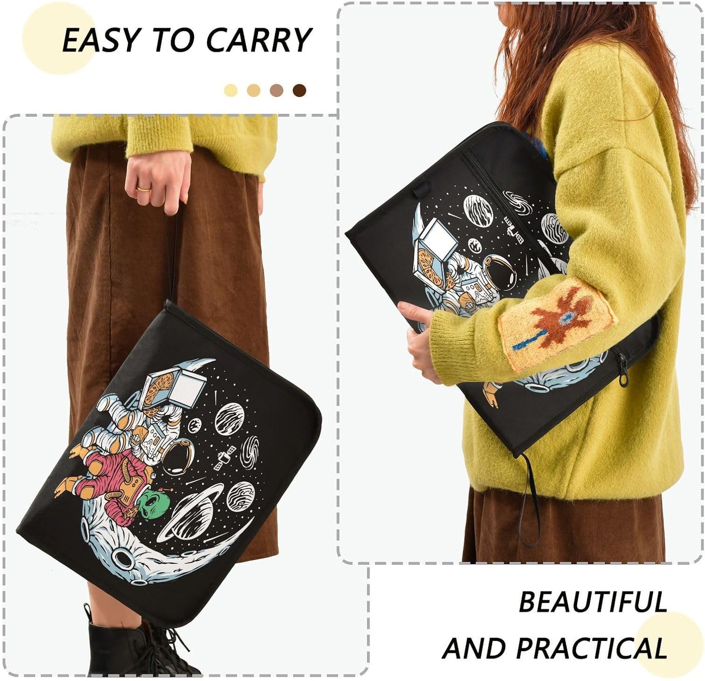 Gredecor 13 Pockets File Folder Organizer A4/Letter Water Resistant Astronauts and Aliens Moon Document Bag with Zipper Filing Folder Expanding File Pouch Storage for School Office