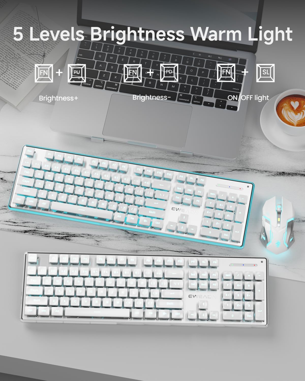 EWEADN V3 Wireless Keyboard and Mouse with Blue Backlit, Metal Panel, Bluetooth/2.4G Rechargeable Computer Keyboard and Mouse Combo Silent Lighted Full Size Cute Keyboards-White