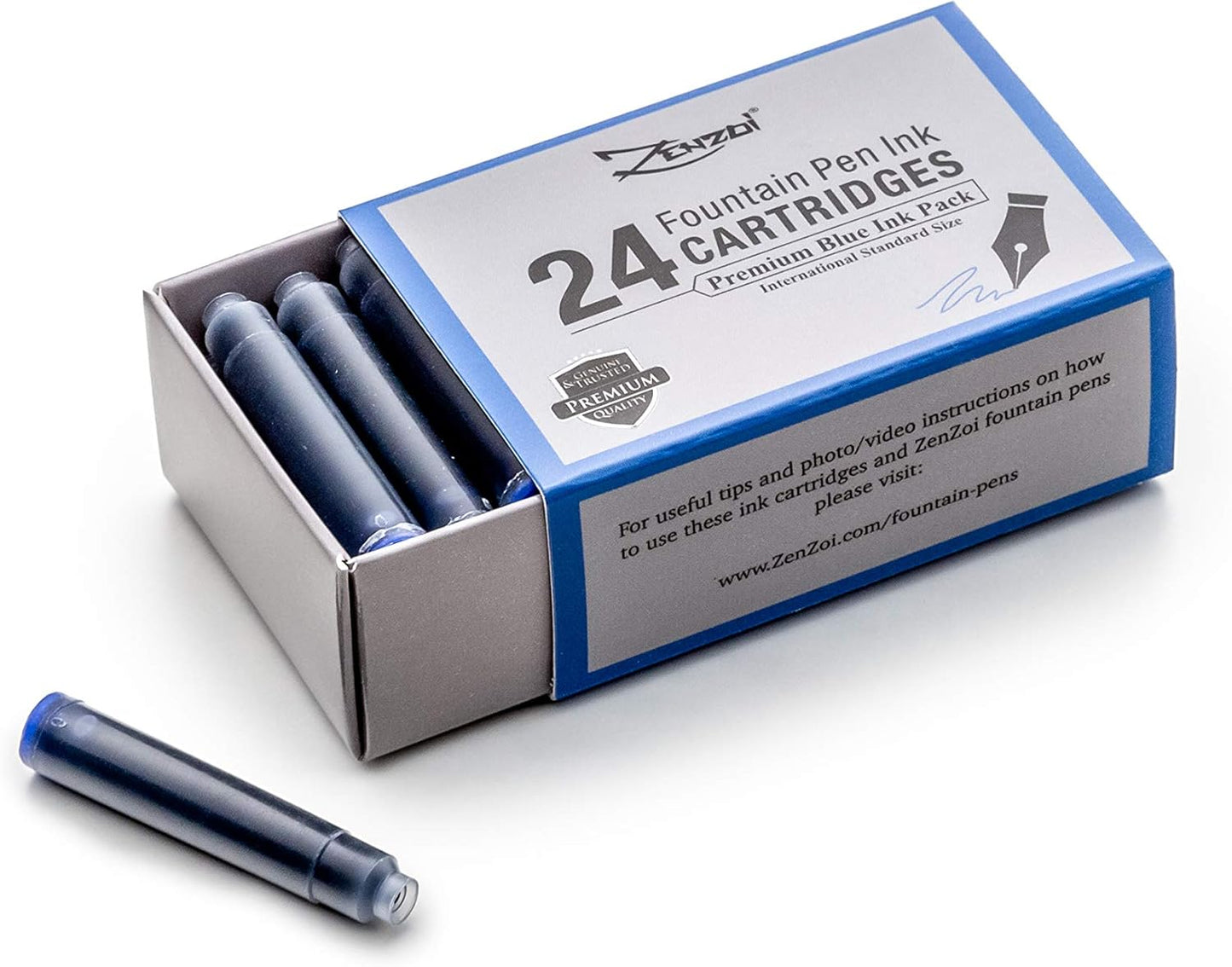 ZenZoi Fountain Pen Ink Cartridge Refills- 24 Bulk Premium Blue Case- Professional Grade, International Size, Non-Toxic Ink- Smooth, Blotch-Free Writing for Luxury Pens – German Nibs (Blue)