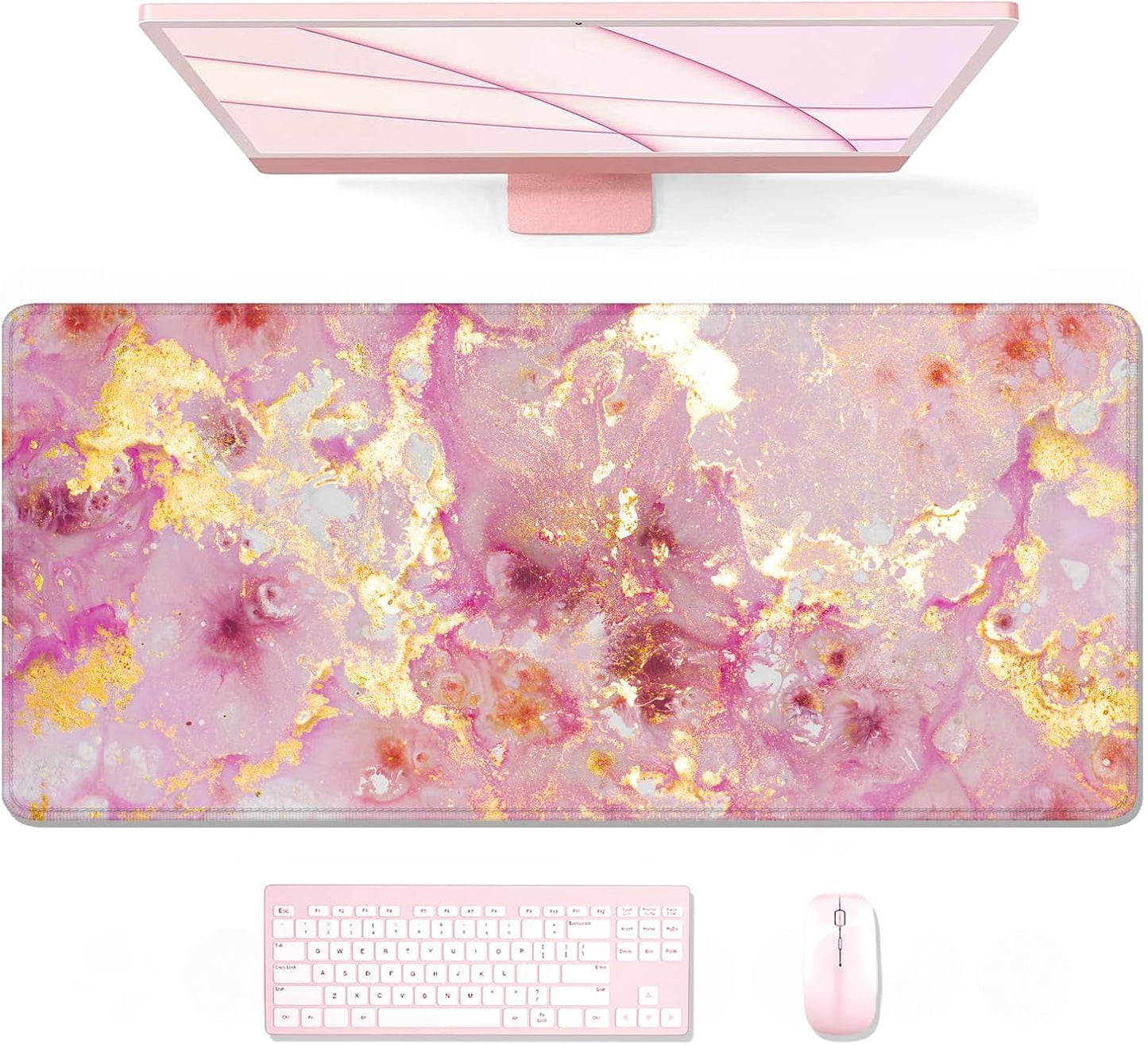 Auhoahsil Large Mouse Pad, XXL Gaming Mousepad, Desk Mat for Desktop, Thick Rubber, Big & Long Size, Stitched Edges, Full Desk Pad for Laptop & Computer, Extended 35.4 x 15.7 in, Pink Gold Marble