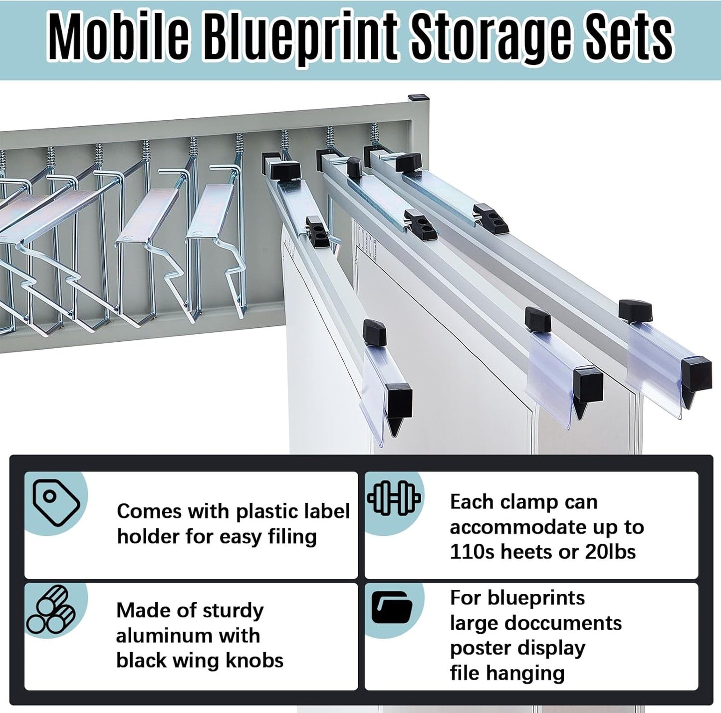 Estune Mobile Blueprint Holder Rack, Adjustable Mobile Blueprint Holder with 6 24 in Hanging Clamps 4 Wheels Poster Display Rack Storage Organizer Stand for File Display Plan Office Home(Silver)