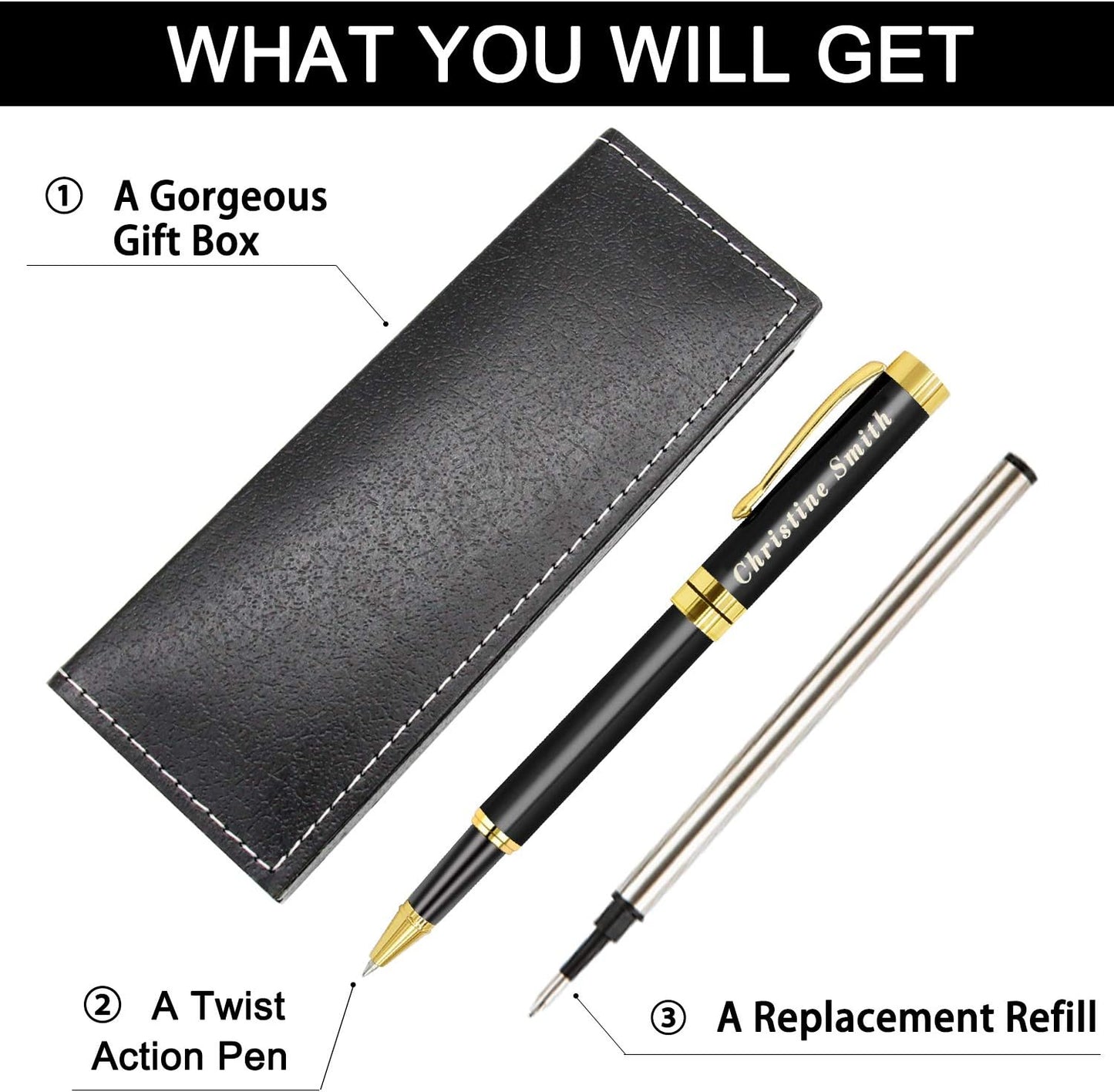 Amlion Personalized Pens Custom Engraved Pen with Name, Refillable Medium Refill, Personalized Gifts for Men Women