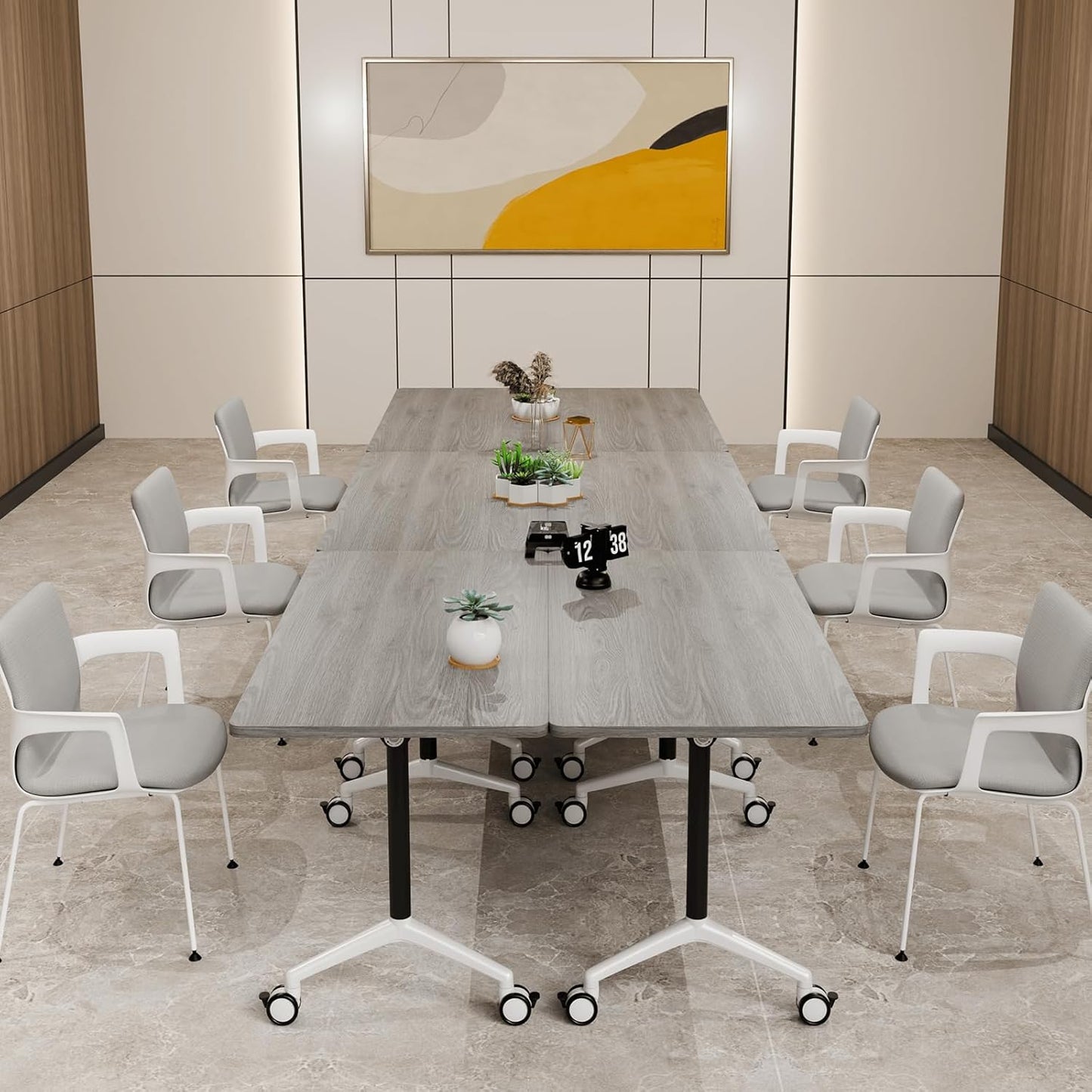 Folding Conference Table, Modern Large Conference Room Tables with Flip-Top Design, Foldable Conference Table Meeting Table with Wheels, Mobile Seminar Training Tables for Office Classroom (8, Oak)