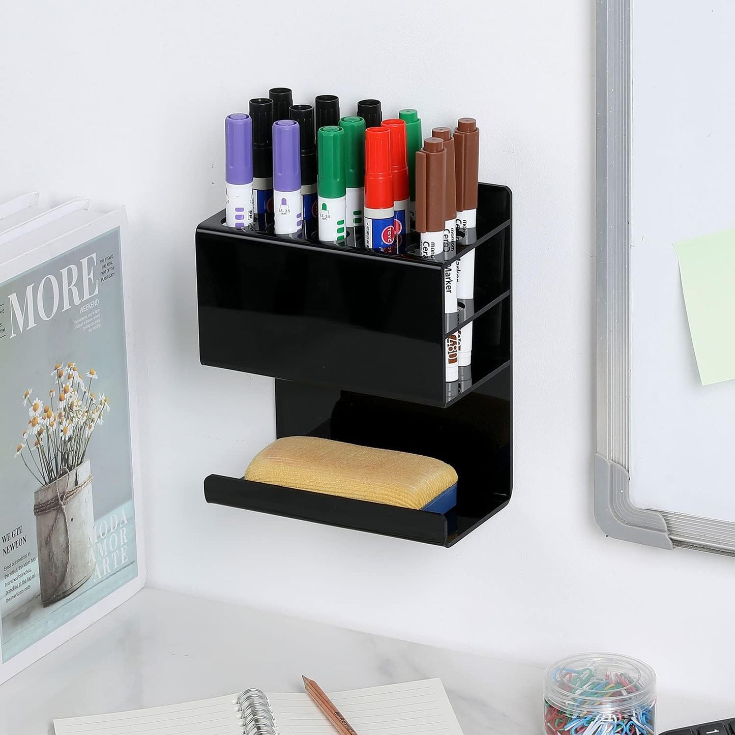 MyGift Wall Mounted Black Premium Acrylic Dry Erase Marker and Eraser Holder Rack with 15 Round Slots and Storage Ledge, Meeting Room Classroom Dorm Office or Home Whiteboard Accessory Rack