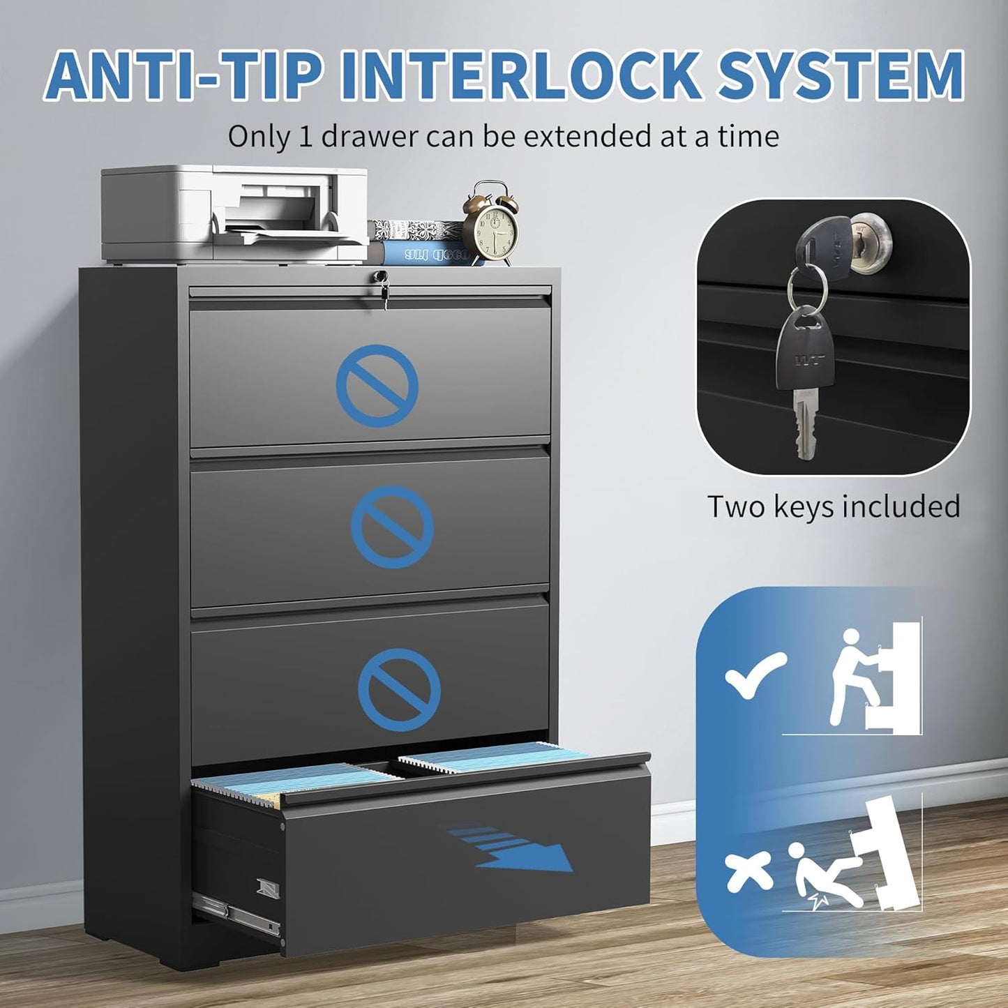 File Cabinets 4 Drawer,Metal Office Storage Filing Cabinet with Lock,Black Lateral Filing Cabinet for Home Office,Horizontal Locking File Cabinets for Legal/Letter/A4,Assembly Require,Black