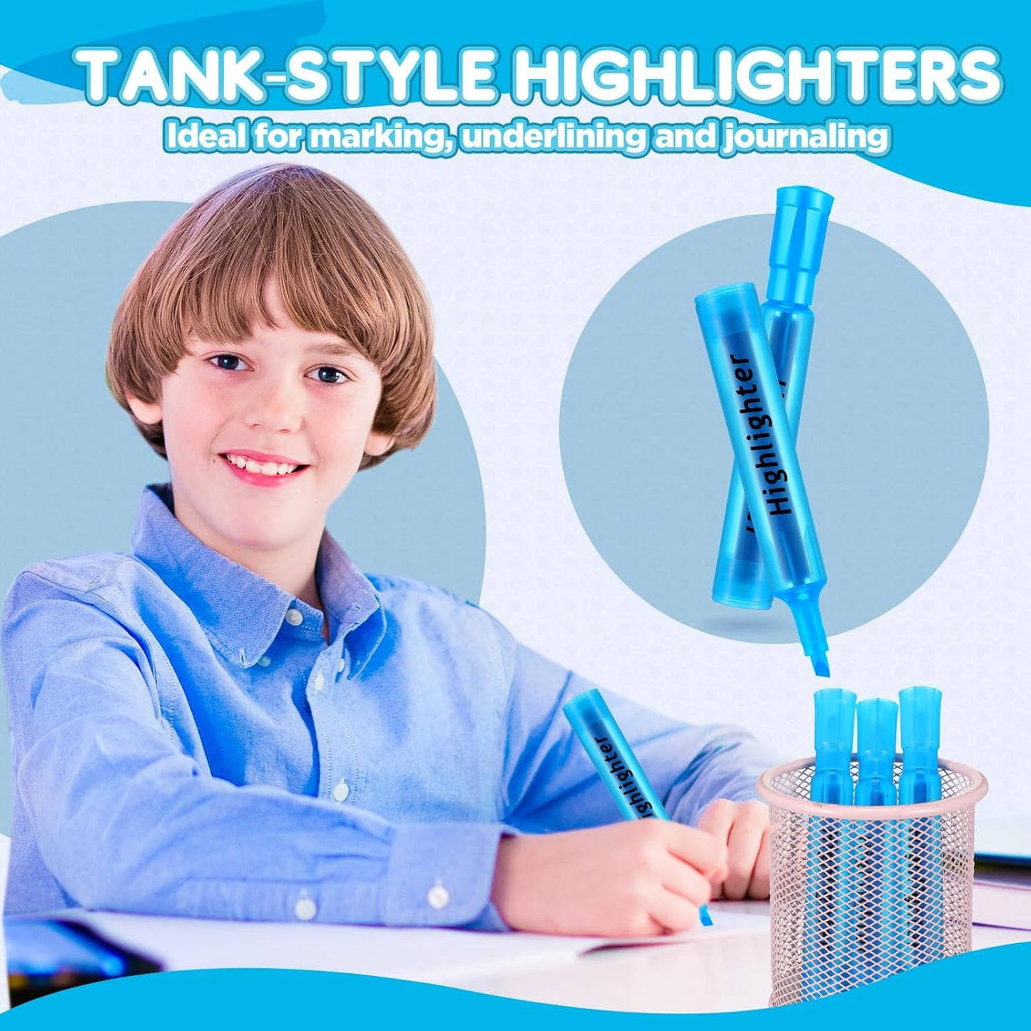 Qilery 30 Pack Highlighters Bulk, Tank Style Chisel Tip Highlighters Markers Quick Drying for Kids and Adult Coloring, Classroom Home Office School Supplies (Blue)