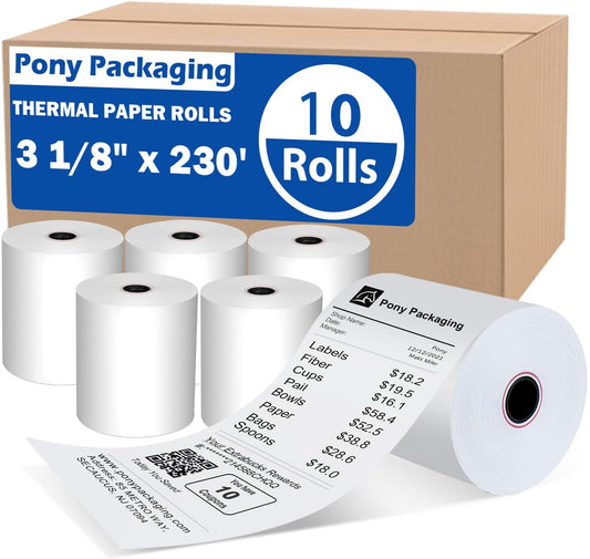 10 Rolls 3 1/8 x 230 Thermal Paper Receipt Rolls Cash Register POS Receipt, Thermal Ppaper Rolls Fits All Credit Card Terminal BPA Free Receipt Paper- Pony Packaging, White