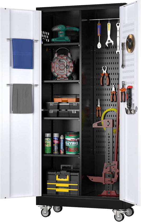Garage Storage Cabinet with Wheels, Metal Tool Cabinet with Pegboards and 4 Adjustable Shelves, Garage Storage System with Lockable Door for Shools, Offices, Gyms and Pantries, Black and White