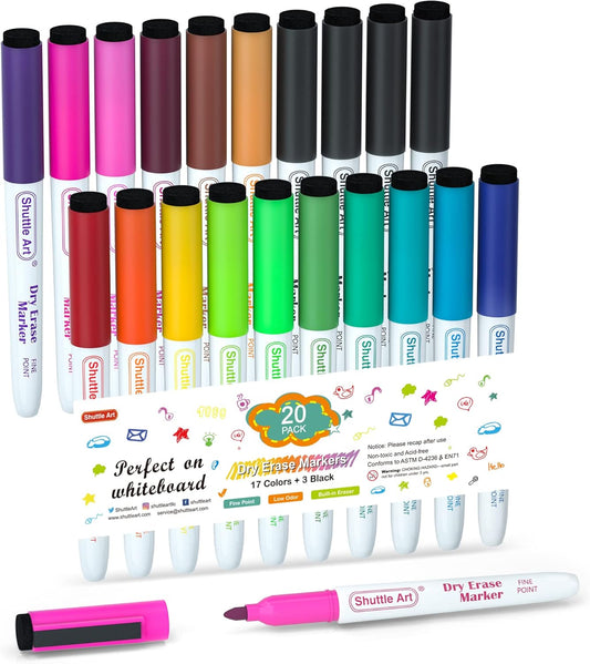 Shuttle Art Dry Erase Markers, 20 Pack 17 Colors Whiteboard Markers,Bundled with 3 Extra Black,Fine Tip Dry Erase Markers for Kids,Perfect for Writing on Dry-Erase Surfaces,School Office Supplies