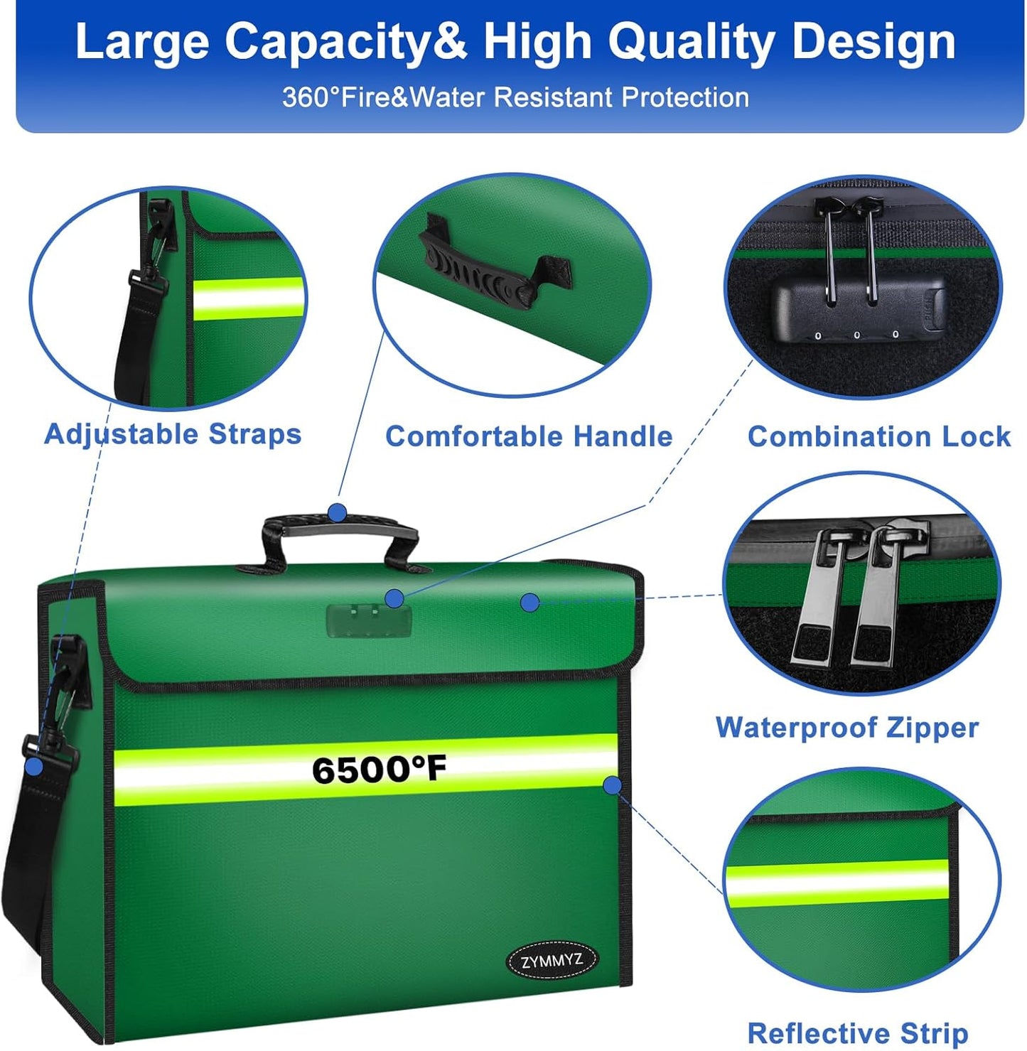 File Organizer Bag with Removable Folder Layers/Wallet,6500°F Fireproof Document Organizer with Lock&Reflective Strip,Portable Home Travel Safe Storage Box for Important Documents(14.1x9.5x4.2 inches)