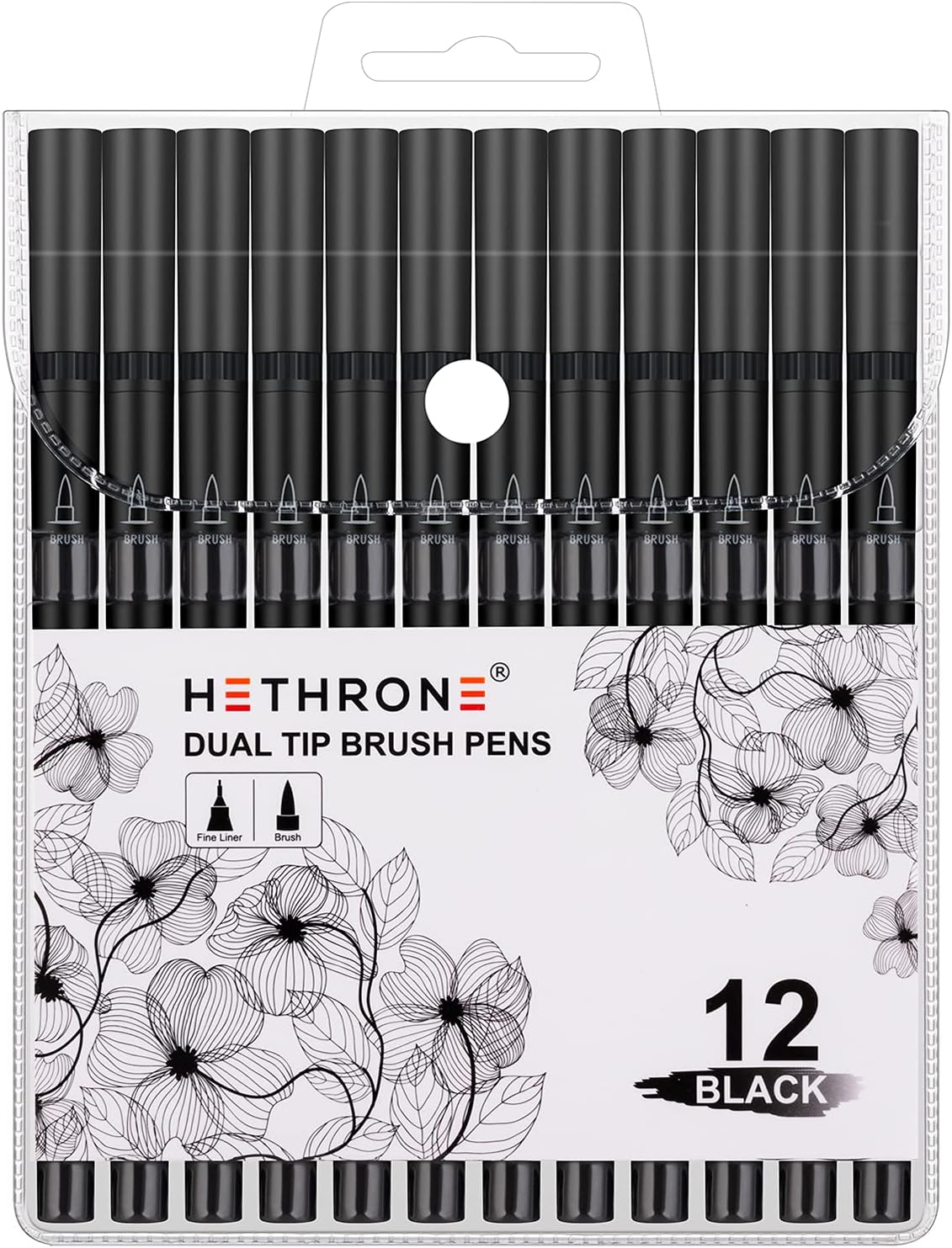 Hethrone Black Markers for Drawing - Brush Pens with Felt Tips for Artists - Calligraphy Pens, 12 Pack