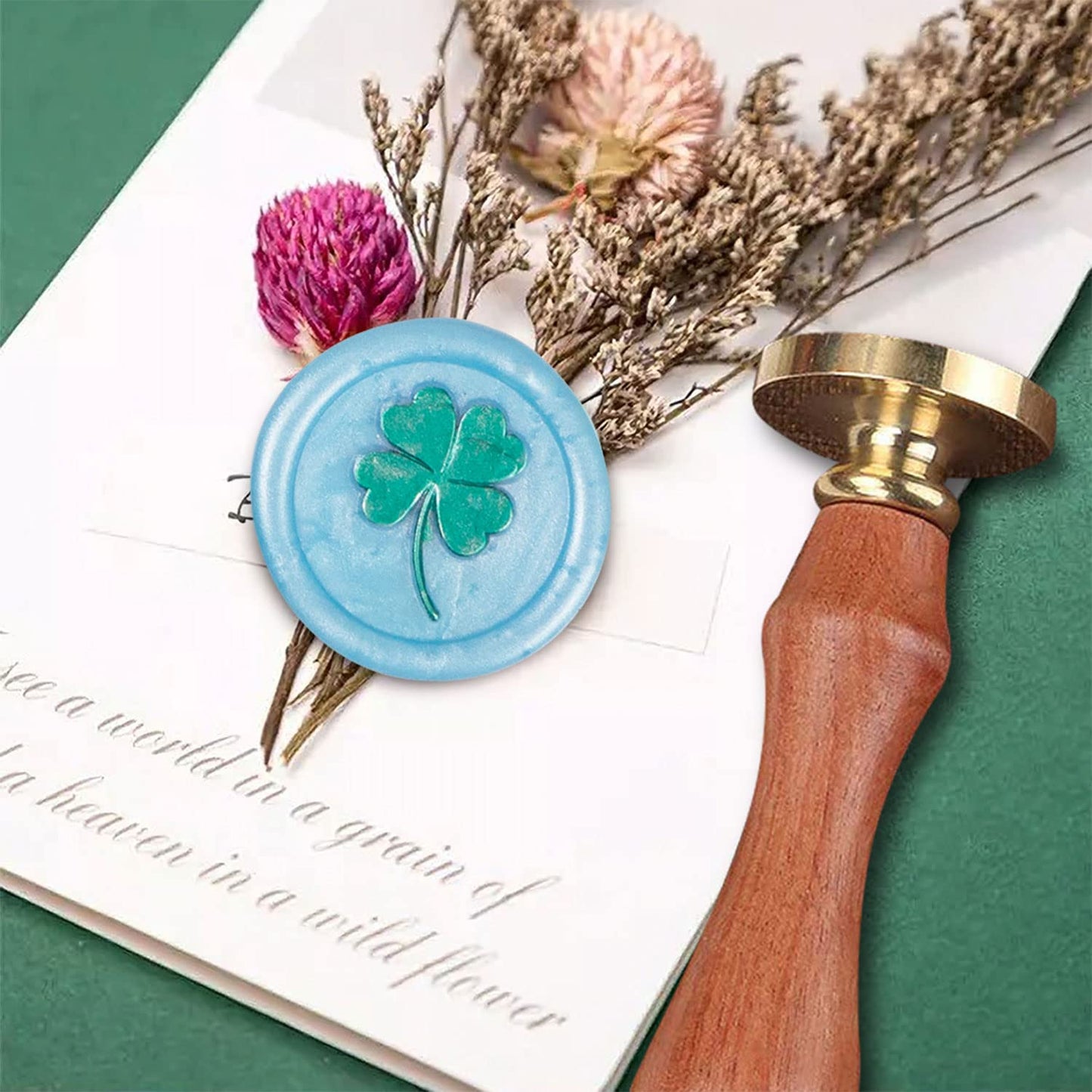 Flower Wax Stamp with Removable Brass Head Wooden Handle - Four-Leaf Clover Wax Sealing Stamp for Envelope Sealing