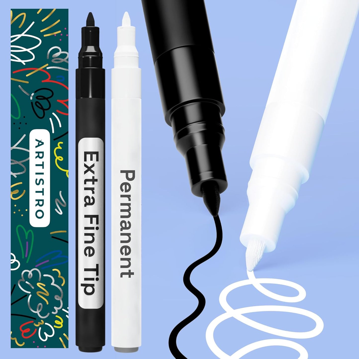 ARTISTRO 2 Black & White Permanent Marker - Waterproof Markers for Tire, Fabric, Rocks, Glass, Ceramic, Wood, Paper - Oil Based Paint Pens - Extra-Fine Tip 0.7mm