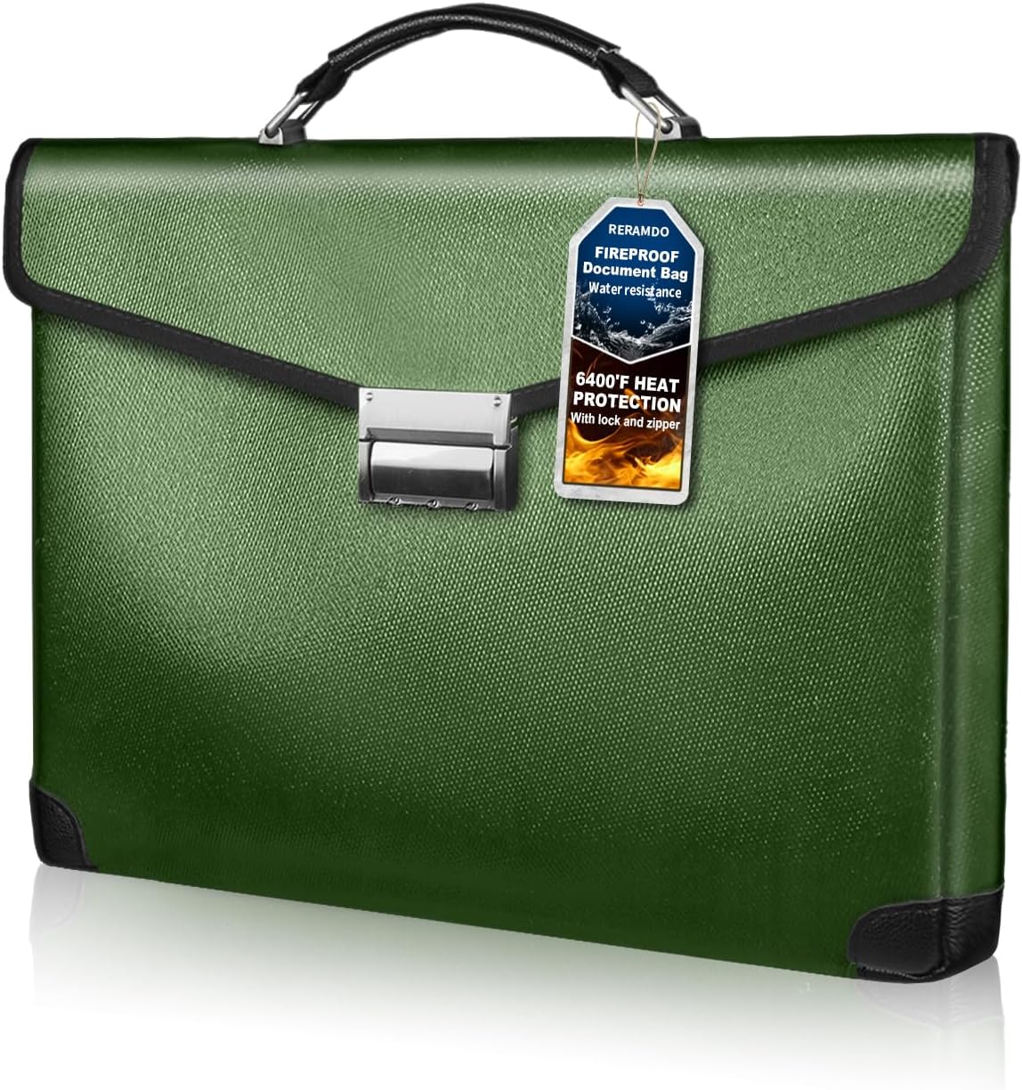 Fireproof Document Bag 14.5"X11"X2.5" Fireproof Money Bag for Cash With Lock and Zipper,Fire&Waterproof Storage Organizer Pouch for Valuables,Legal Document,Laptop,Passport,(Green)