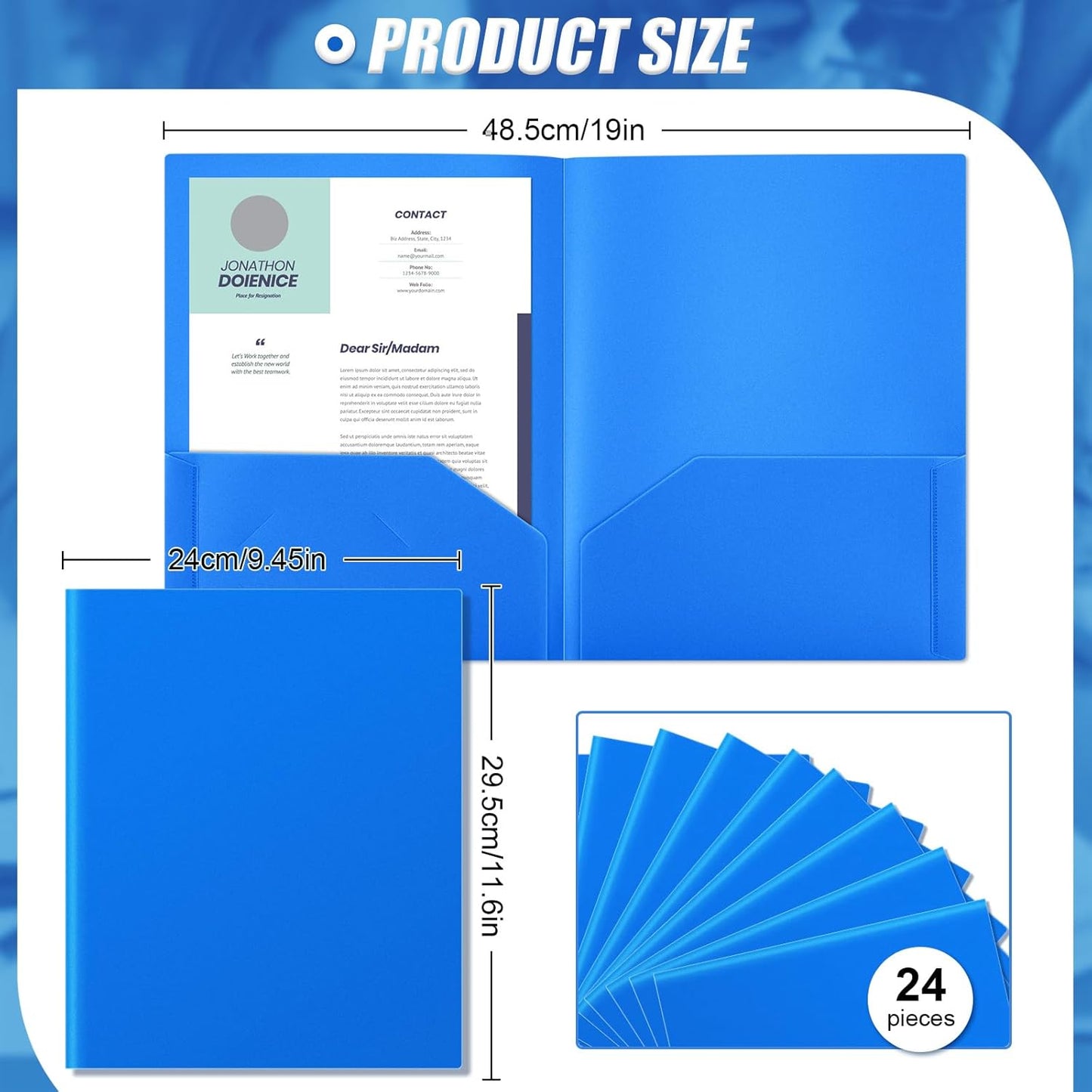 Gueevin 24 Pcs Plastic Folders with Pockets, Back to School Two Pocket Folder Fit Letter Size, Heavy Duty School Business Card Holder for Home Office, 11. 61 x 9. 45 Inches (Blue)