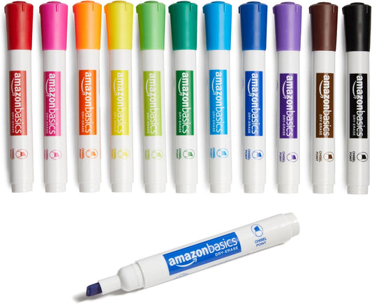 Amazon Basics Dry Erase Markers For Whiteboards, Chisel Tip, Low-Odor, Assorted Colors, Pack of 12