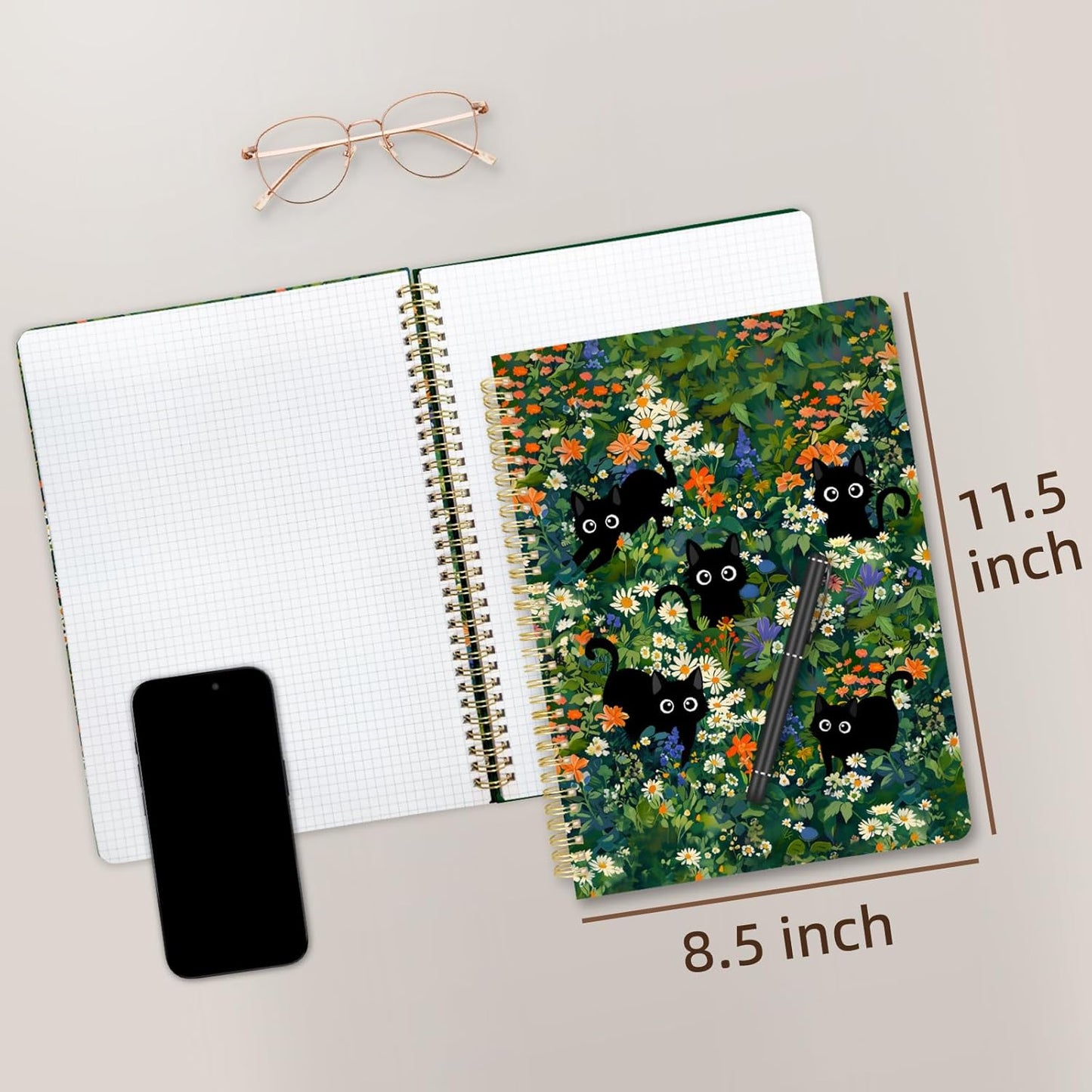 Cute Spiral Notebook journal A4 Aesthetic Pretty Design for Women Girls Kawaii with Pocket, 8.5 x 11 inch, Graph, Cat Garden