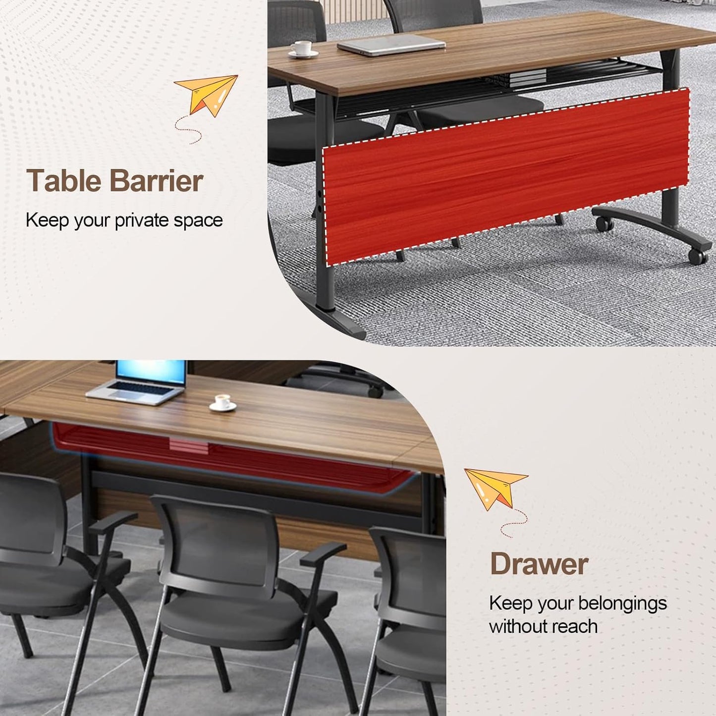 Folding Conference Room Table, Modern Conference Tables with Wheels, Large Rectangular Mobile Training Tables for Office Classroom, Foldable Modular Boardroom Seminar Table Walnut (6pack L70.9in)