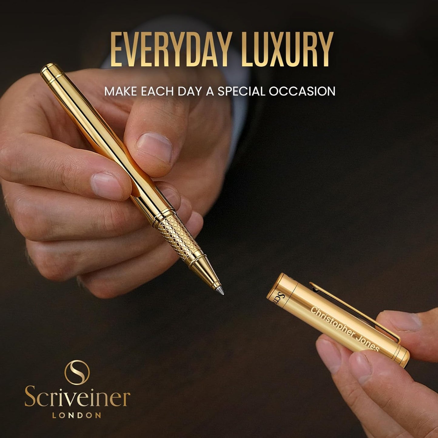 Scriveiner Personalized Gold Rollerball Pen - Stunning Luxury Pen, Real Gold Plating, Schmidt Ink Refill, Best Engraved Roller Ball Gift Set for Men & Women, Custom Name Engraving