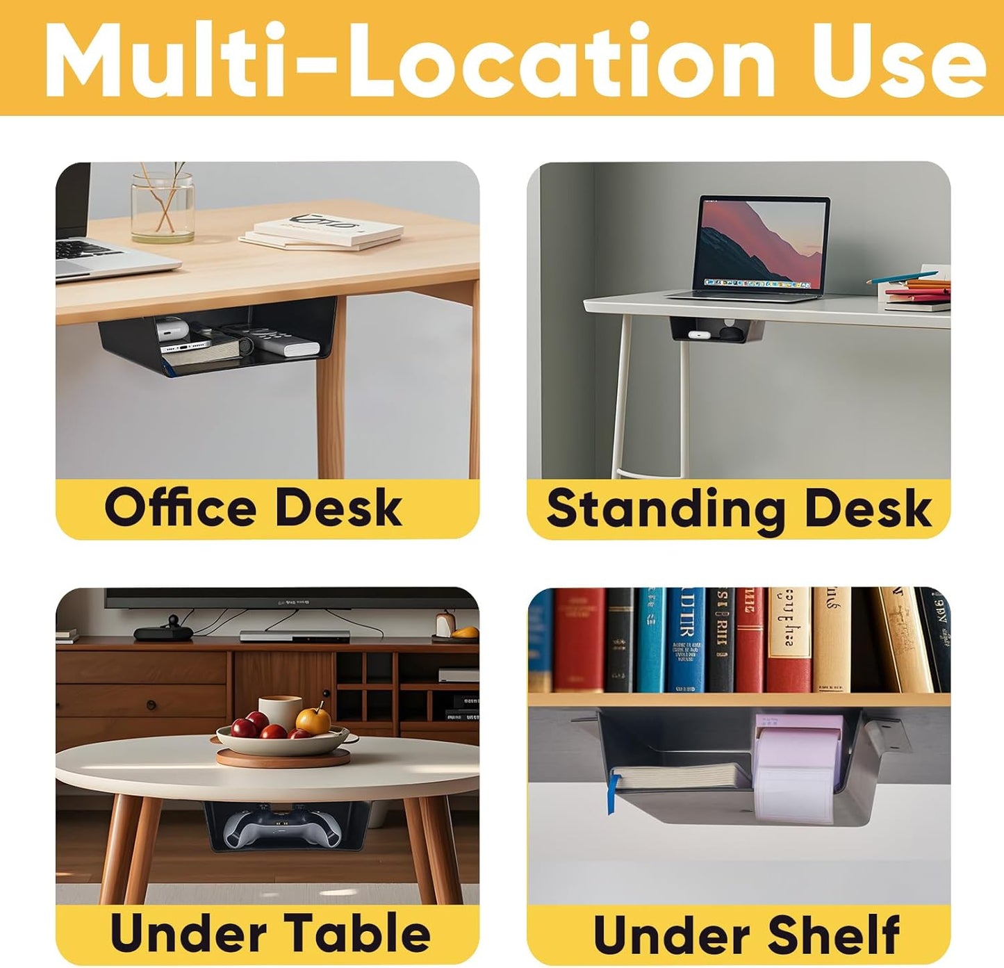 2 Pack Under Desk Hanging Shelf Drawer Organizer, Attachable Plastic Hidden Storage Tray, Easy Adhesive Mount Holder for Standing Tables, Office, Counters, Cabinets, Workstations - Black