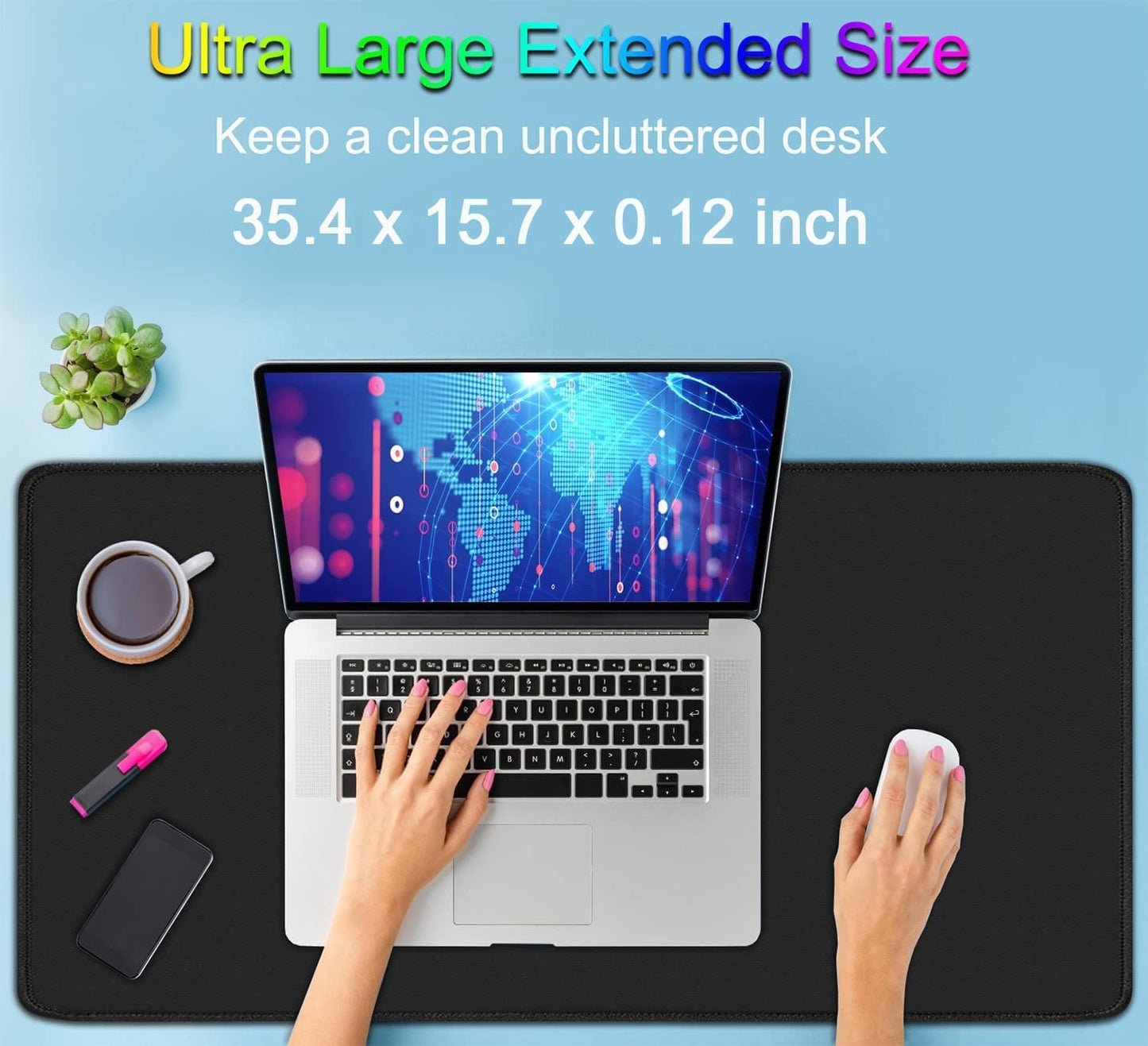 Gaming Mouse Pad, Large Desk Mouse Pad with Stitched Edges,(35.4X15.7In) Durable Non-Slip Natural Rubber Base, Waterproof Computer Keyboard Pad Mat for Esports Pros/Gamer/Desktop/Office/Home, Black