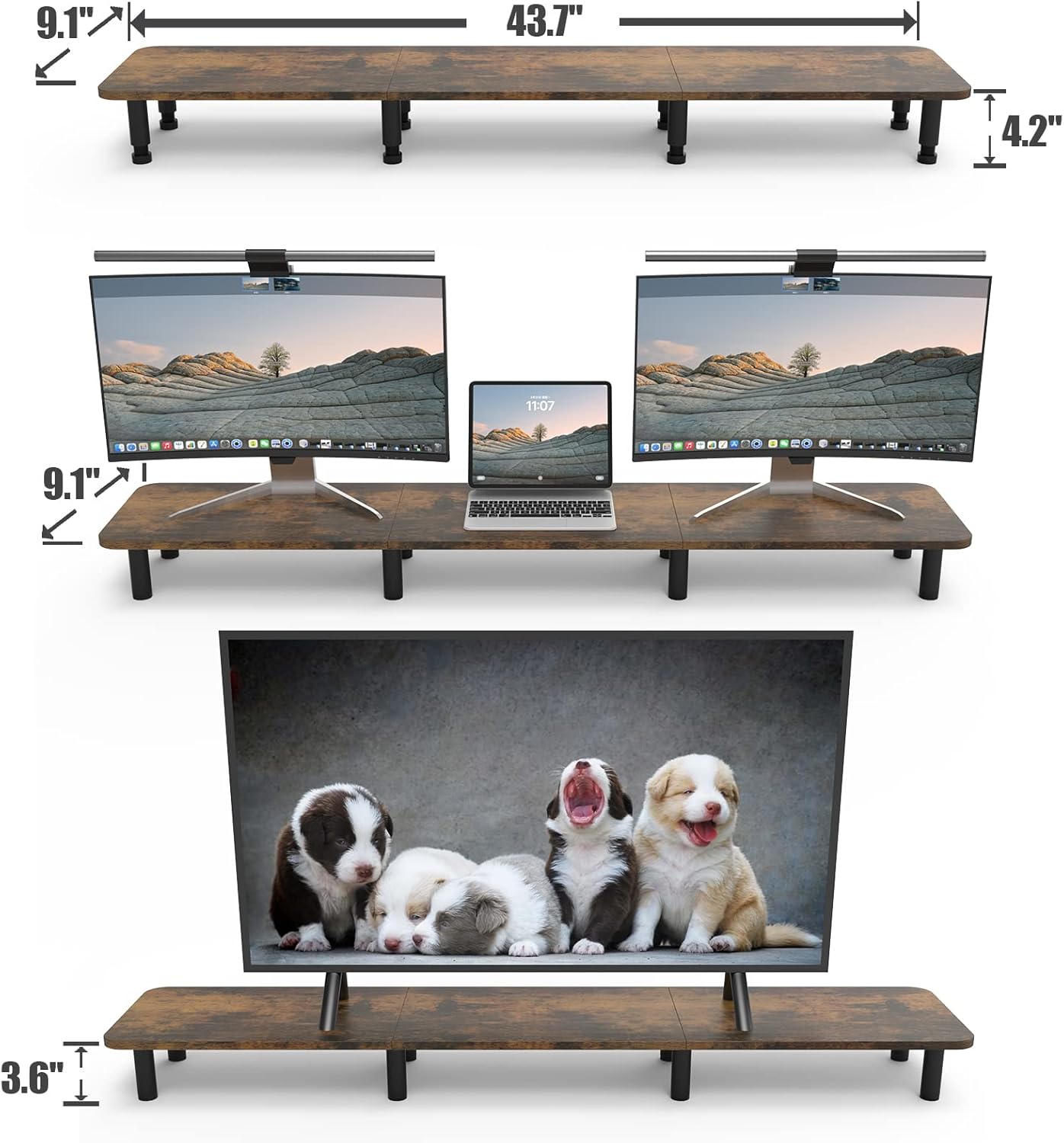 Dual Monitor Stand - 43.7 inch Extra Long Wide TV Stand - Wood & Steel Leg Desktop Riser - Desk Organization - Home Office (Vintage)