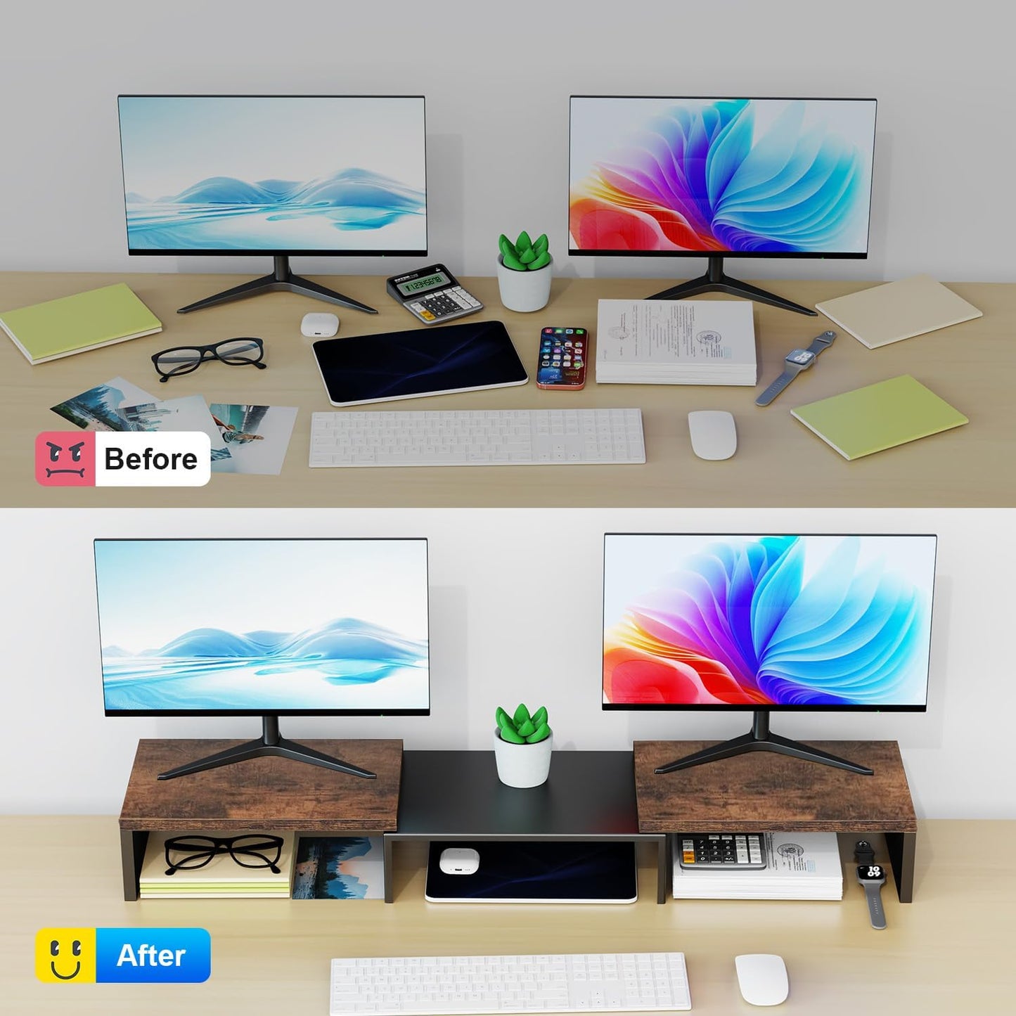 Dual Monitor Stand for Desk, Wooden Monitor Riser, Desk Shelf for Top of Desk, Computer Stand for Home and Office Use (Wood)