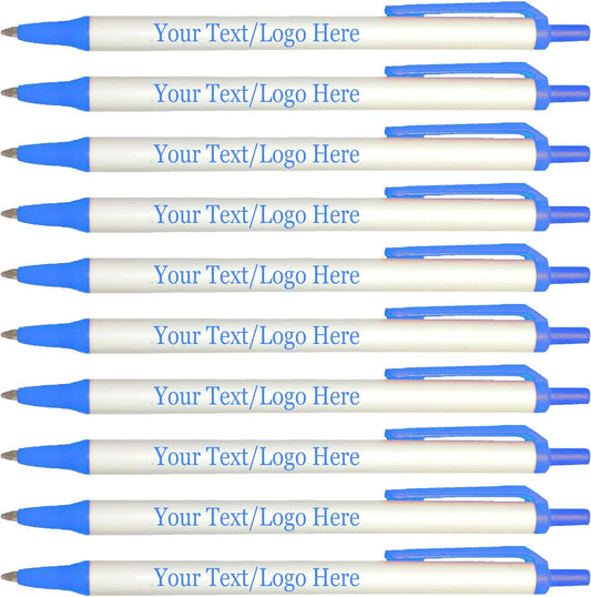 Personalized Click Stick Pens With your Custom Logo or Text-300 Pack Bulk-for Businesses, Parties, and Events, Custom Printed Retractable Slim Ballpoint Pens, Light Blue, Black Ink