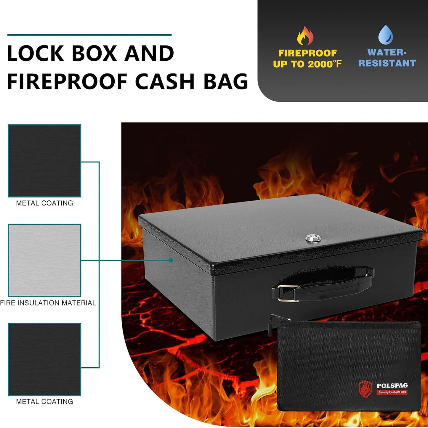 Fireproof Document Box with Key Lock & Fireproof Money Bag,Safe Storage Box for Valuables,Fire Resistance Security Chest,Fireproof Box for Documents,Passport Extra Large (Black, Large)