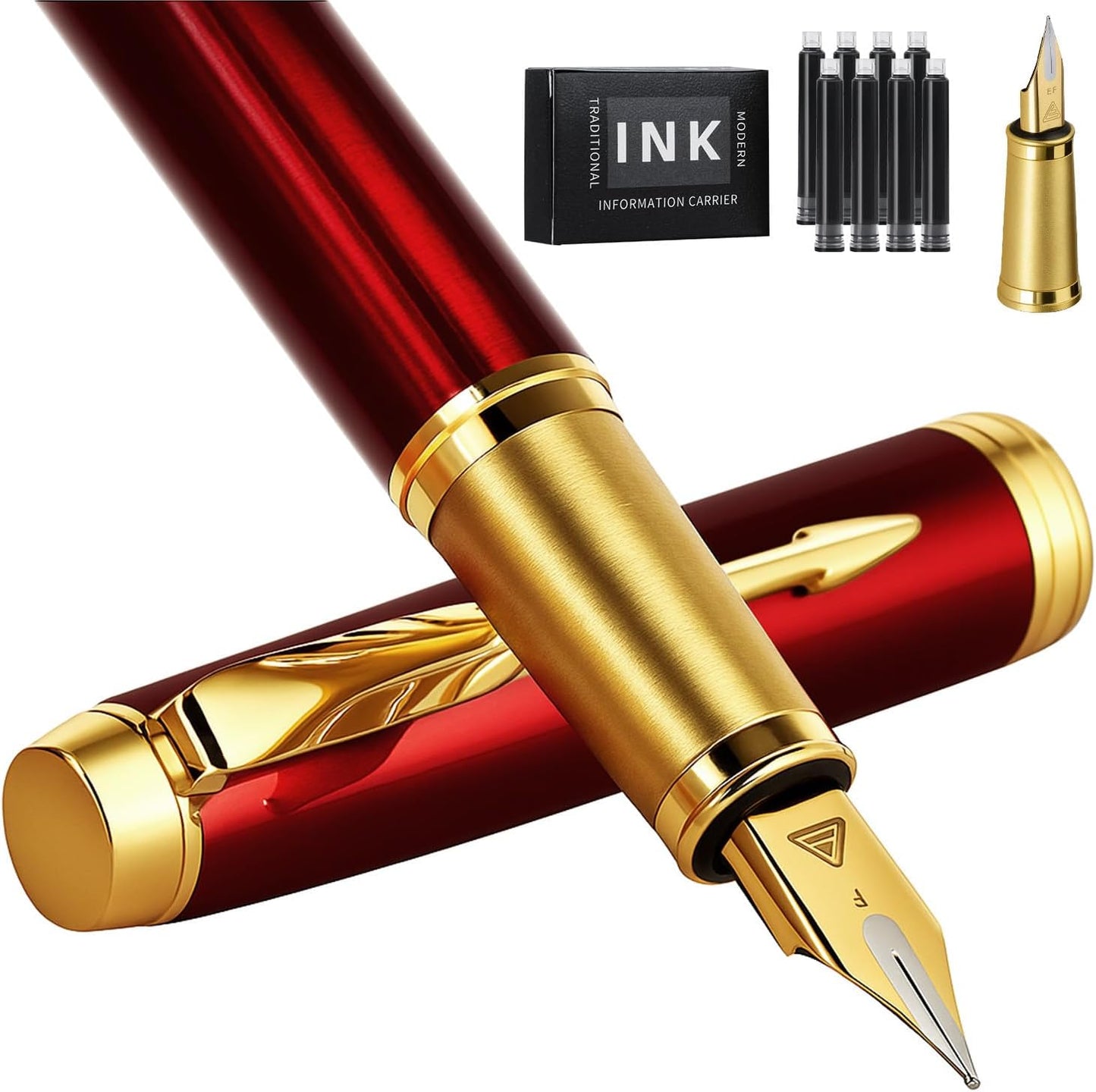Fountain Pen, luxury pens,Fine point smooth writing pens for journaling fancy pens with Gift Case 10 black ink cartridges an ink converte nice pens metal pen writer gifts（Red）