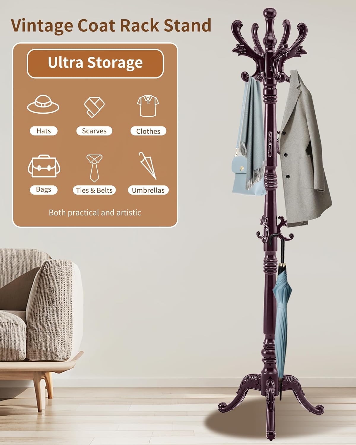 EZIVIEZ Wooden Coat Rack Stand, Solid Wood Freestanding Coat Rack, Vintage Coat Racks with 14 Hooks & Triangle Base, Heavy Duty Standing Coat Hanger Jacket Tree Stand for Office, Entryway, Hallway