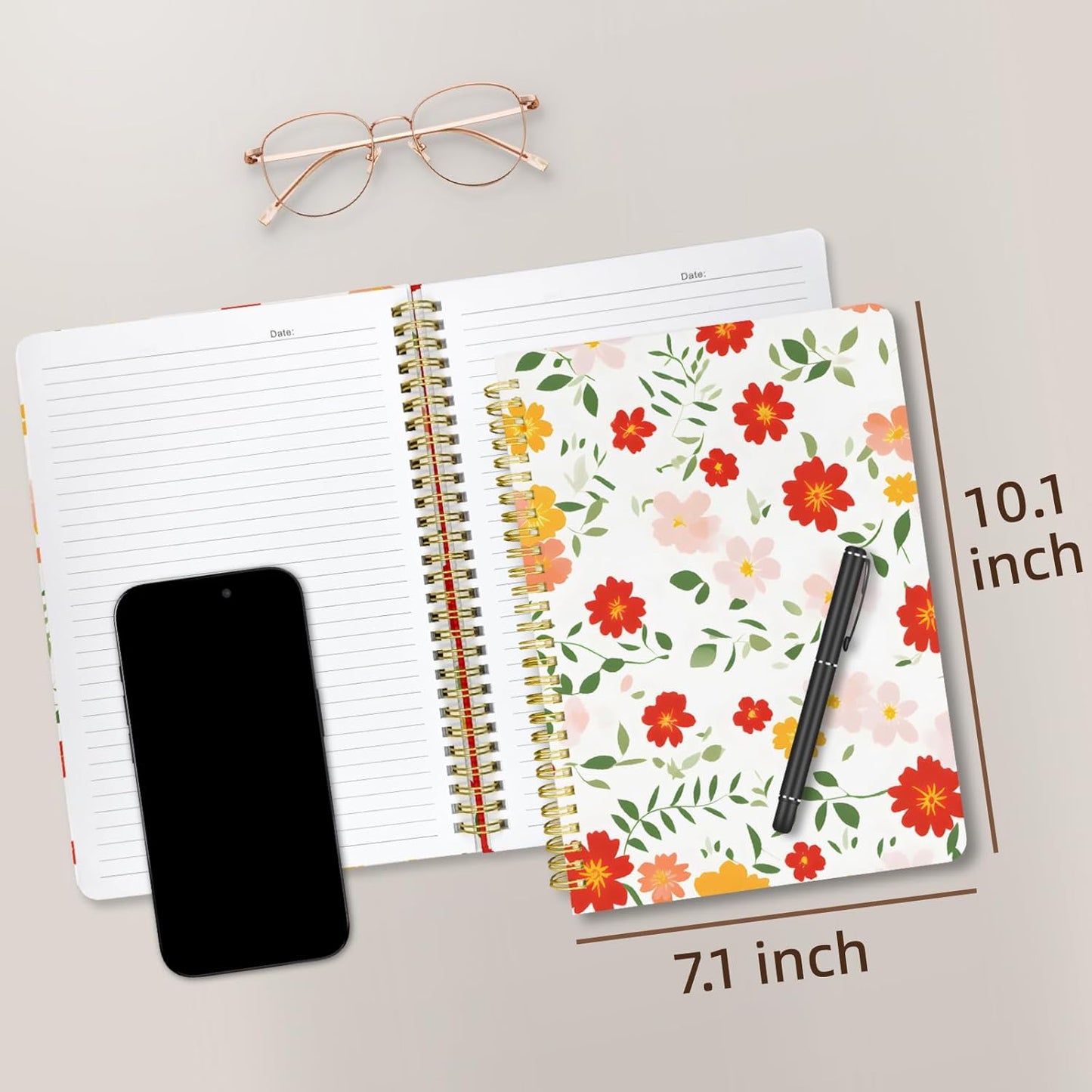 Cute Spiral Notebook journal B5 Aesthetic Pretty Design for Women Girls Kawaii with Pocket, 10 x 7.2 inch, Lined, Red Floral