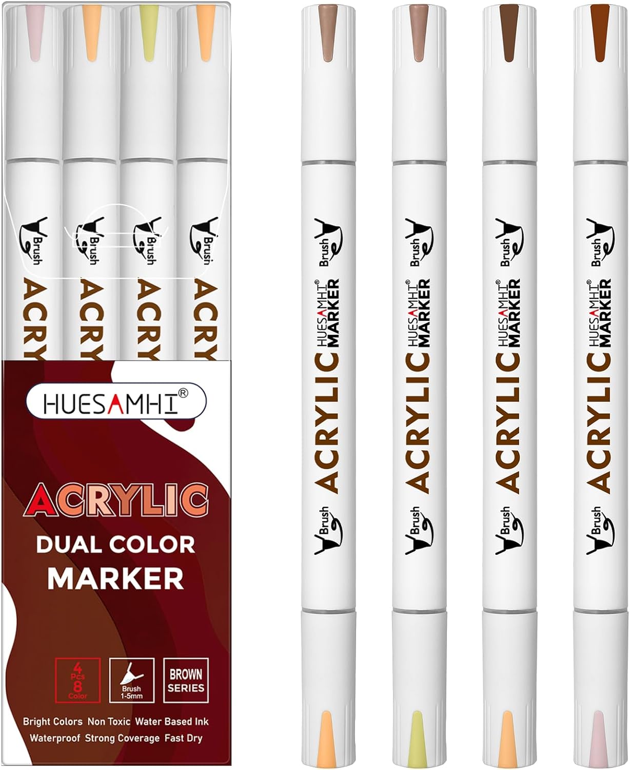 Dual Tip Brush Markers, 4 Pack Double Ended Acrylic Paint Pens - Permanent Water-Based for Rock Painting, Wood, Metal, Ceramic, Glass, Crafts & Kids Art Assorted Colors