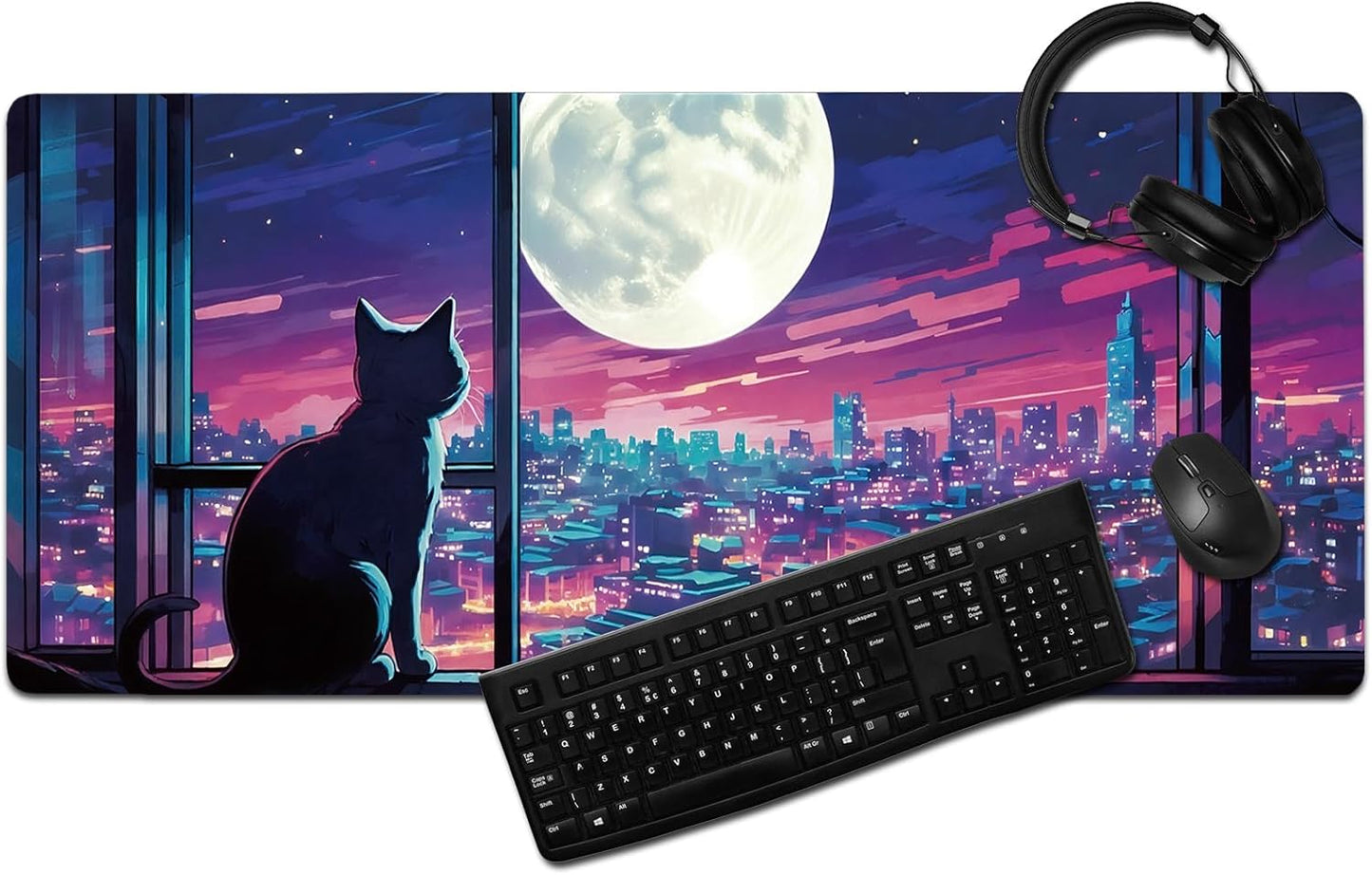 Cool Purple Moom Cat Mouse Pad, City Cats Busy Night Scene Mousead - Large Non-Slip Desk Mat for Office, PC, Laptop - 35.5"x15.7" x 3mm