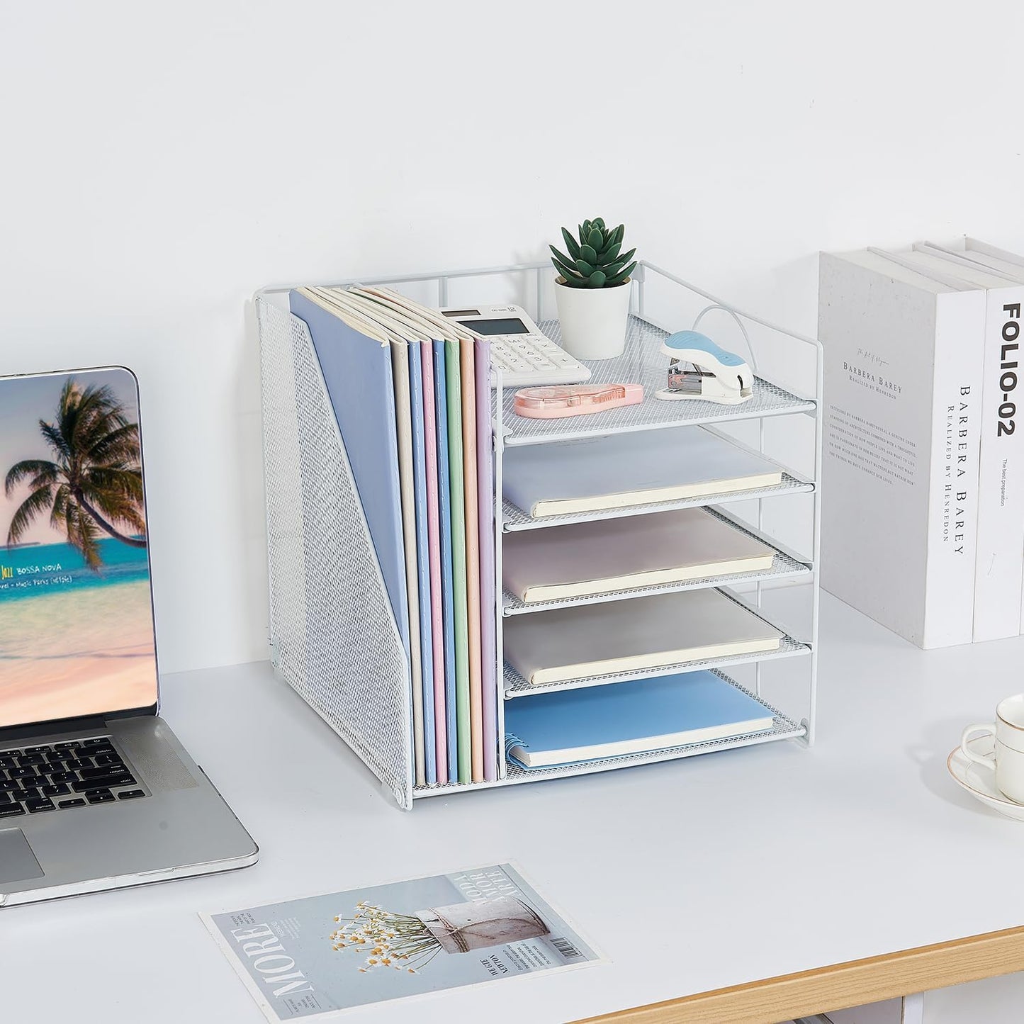 Desk Organizers and Accessories, 5-Tier Paper Letter Tray Organizer with File Holder, Desktop Organizer for Office Supplies, Office Desk Accessories & Workspace (White)