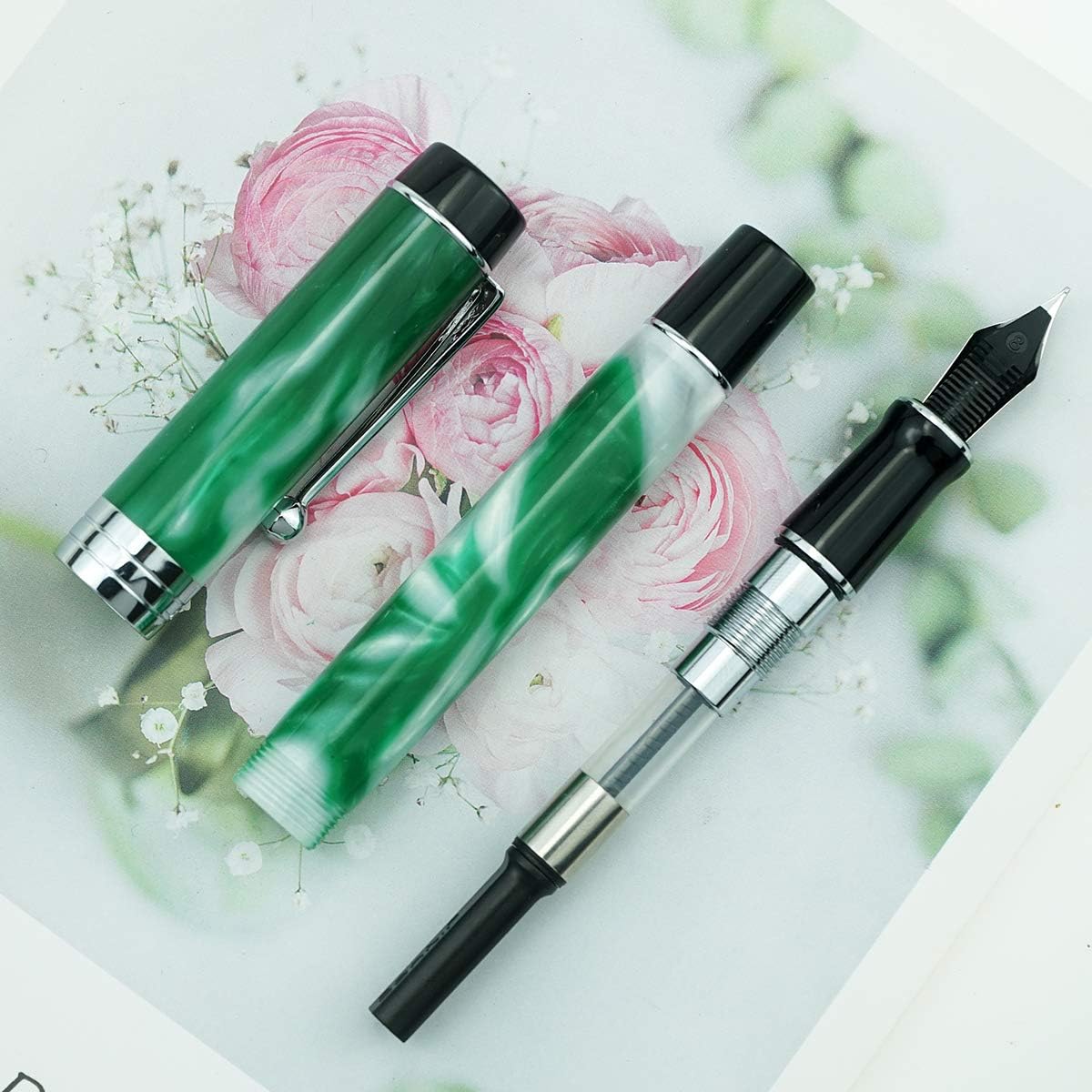 Jinhao 100 Fountain Pen Celluloid Classic Style, #6 Nib Smooth Writing Instrument with Refillable Converter and Pen Case Set