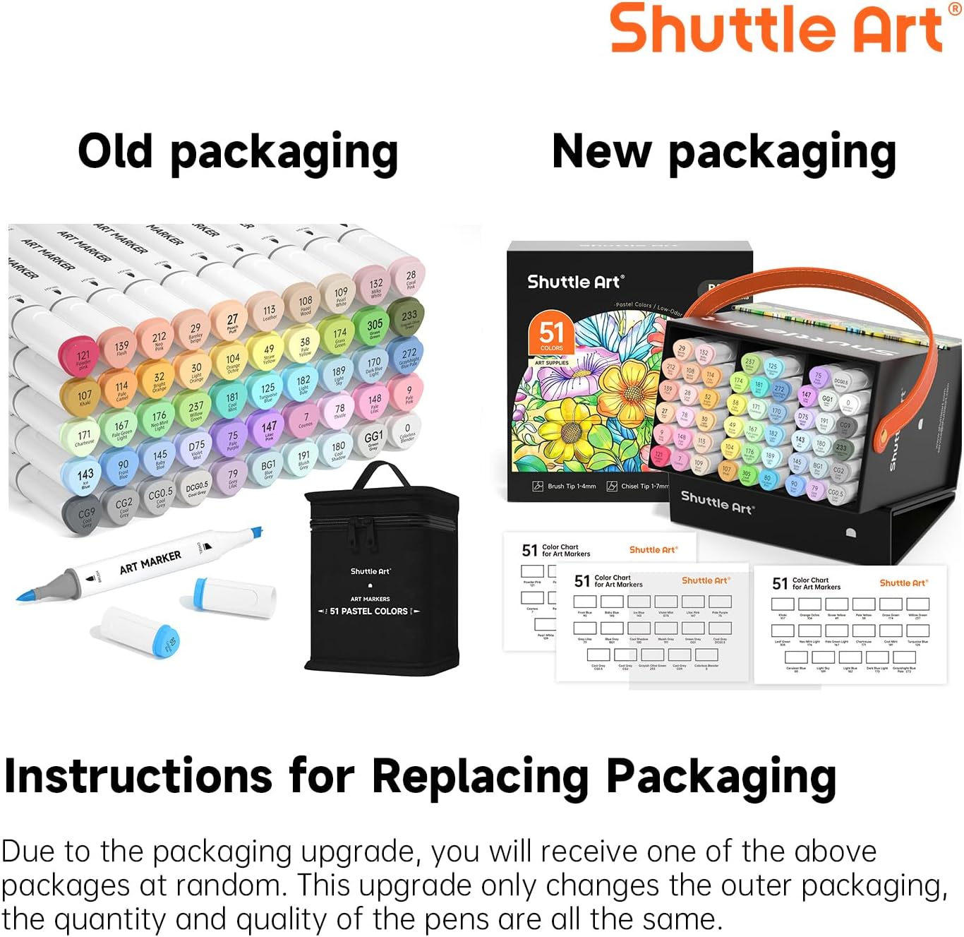 Shuttle Art Pastel Alcohol Markers Brush tip, Dual Tip Brush & Chisel Tip Art Marker Set, 50 Colors plus 1 Blender Marker Pens with Case Perfect for Illustration Students Adults Coloring Sketching