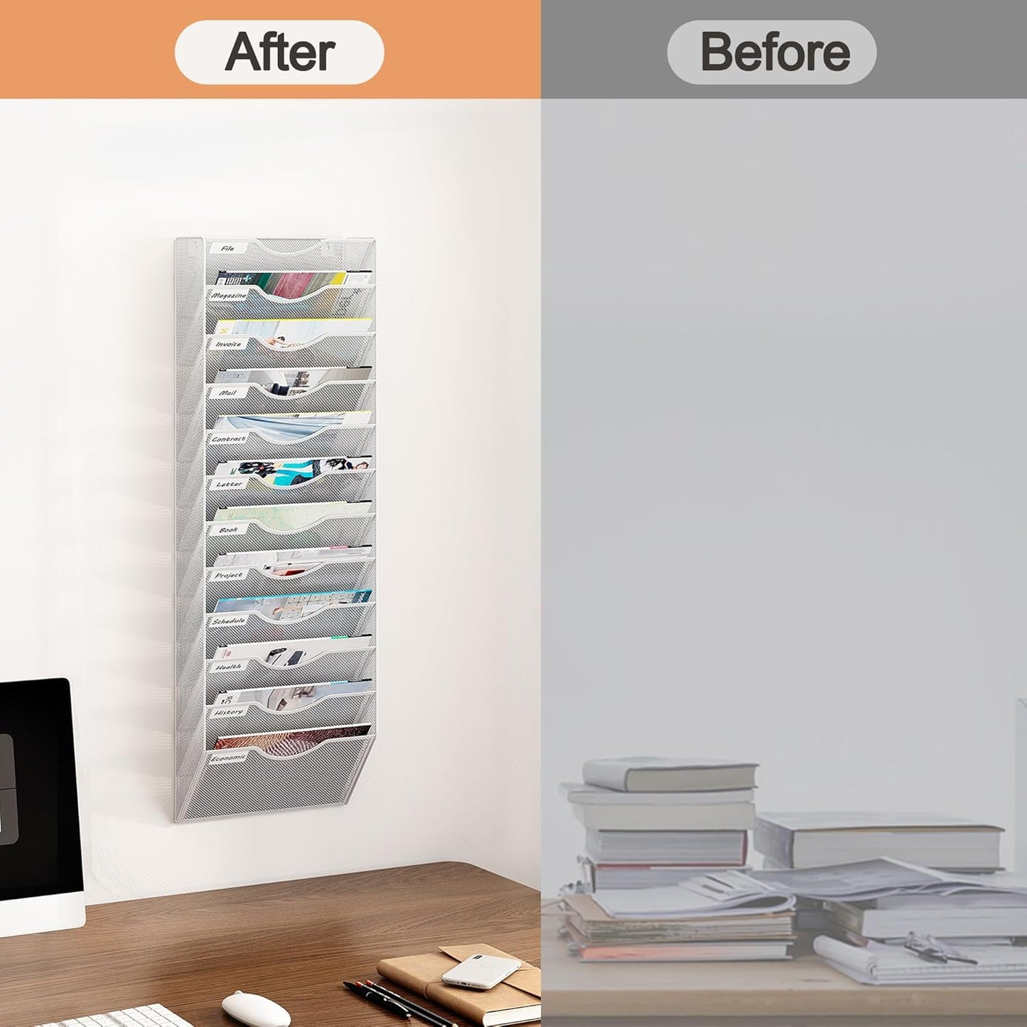 12 Tier Hanging Wall File Holder, Metal A4 Wall Mounted Document Holder, Vertical Hanging Mail Organizer, Magazine Storage Rack for Office Home Classroom, White