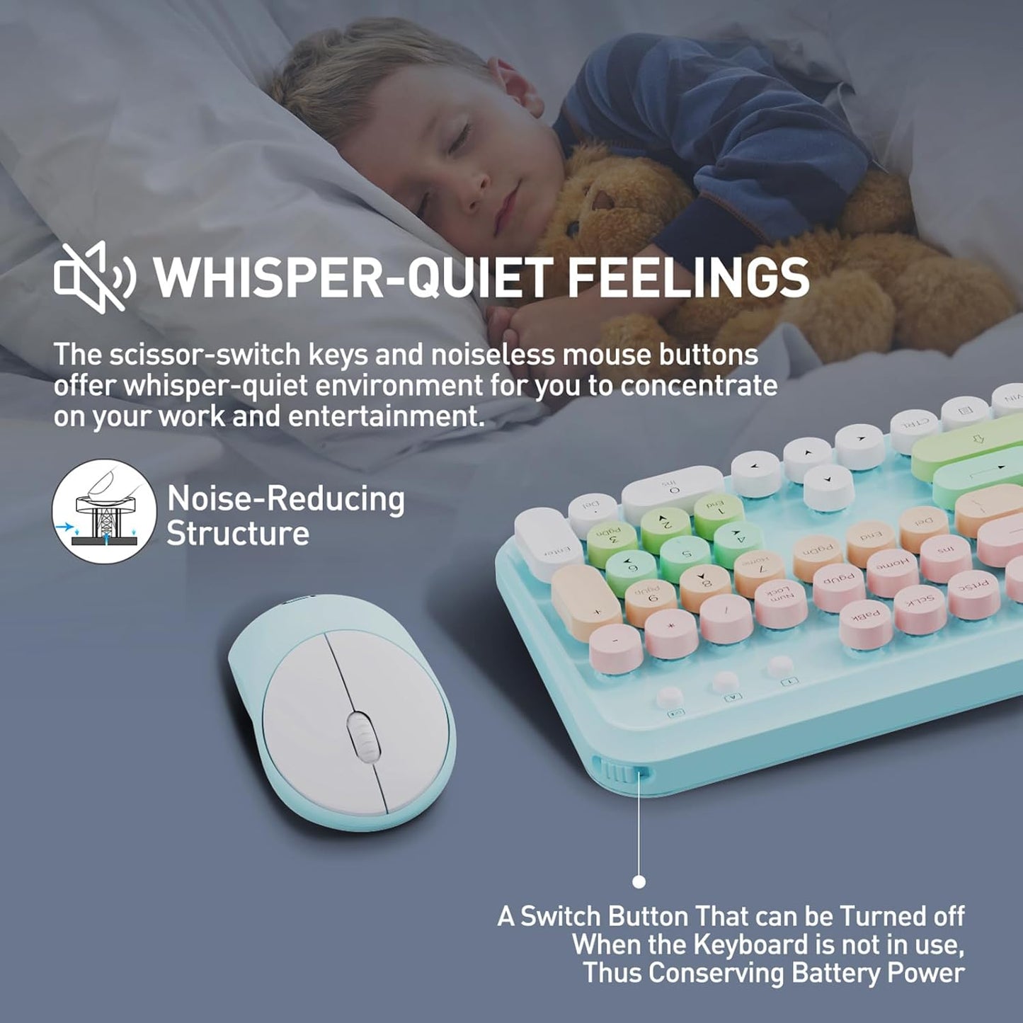 FD 2.4GHz Wireless Keyboard and Mouse Set with Switch Button - Full-Size Keyboard - Compatible for Windows/Laptop/PC/Notebook/Smart TV and More - Blue White Colorful