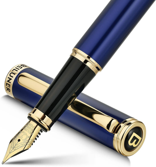 BEILUNER Blue Fountain Pen,Stunning Luxury Lacquer, 24K Gilded Nib(Fine),Gorgeous 24K Gold Accents, with Ink Converter,Fancy Gift for Men&Women-Smooth,Elegant,Graduation,Reliable,Nice Pens for Writing
