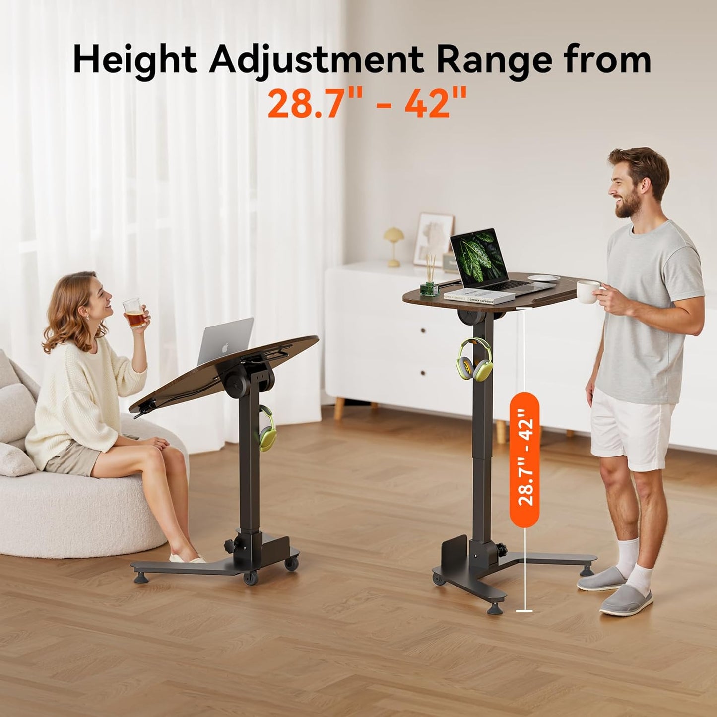 Folding Pneumatic Height Adjustable Mobile Standing Desk with 90° Tiltable Tabletop, 27.2x18.9 Inch Portable Laptop Desk with Wheels, Holds Up to 66.1lbs for Home Office, Black Walnut