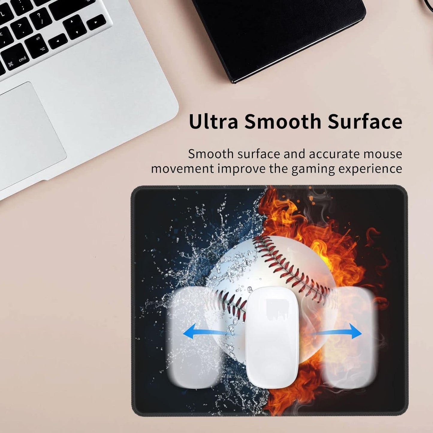 Baseball Mouse Pad for Boys Men Desk, Cool Sports-Themed Mouse Pads with Fire & Water Pattern Printed, Rectangle Non-Slip Rubber Base Gaming Mousepad for Laptop Computer