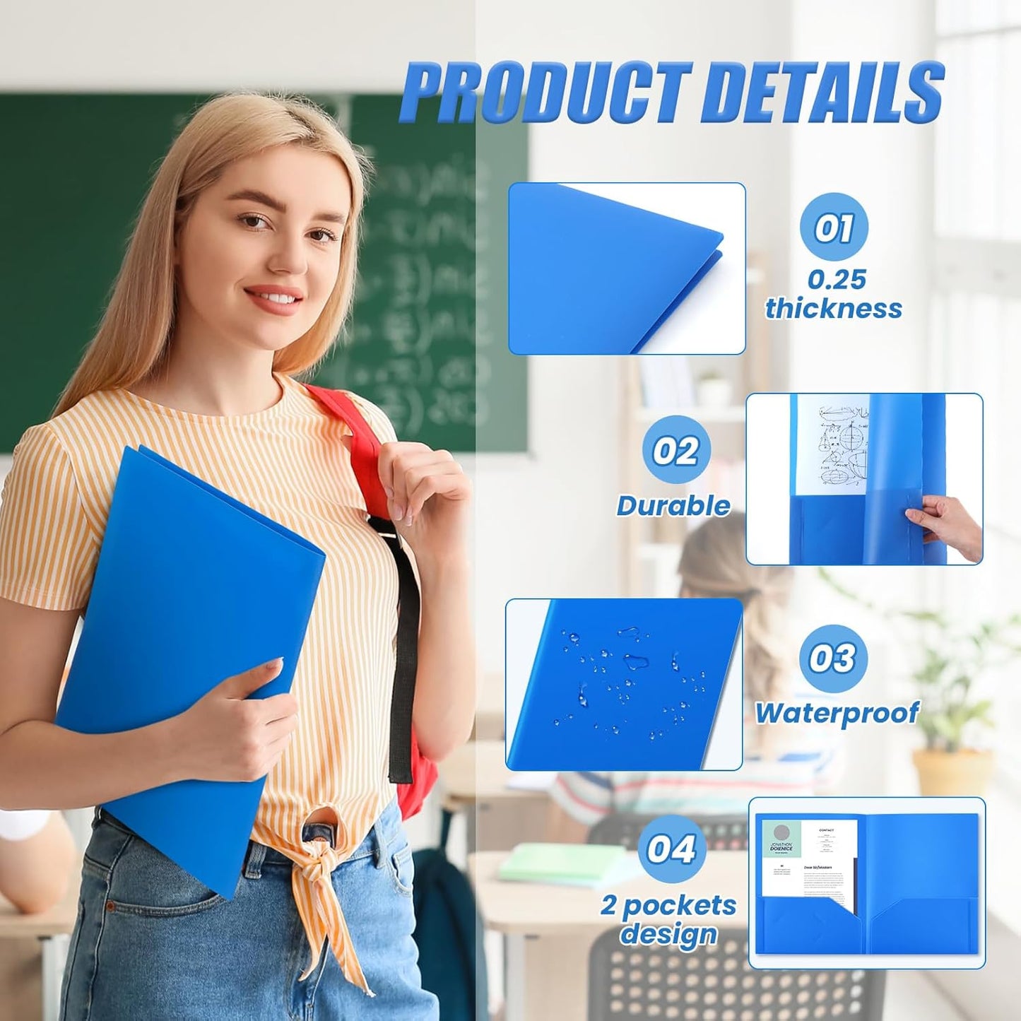 Gueevin 100 Pcs Two Pocket Folders Bulk Plastic File Folder with 2 Pockets Letter Size Paper Heavy Duty Durable Portfolios Case for Home Office School Business 11.61 x 9.45 Inch (Blue)