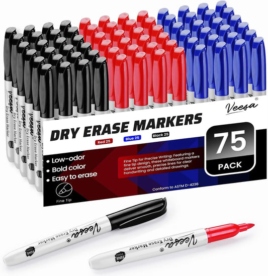 VEESA Dry Erase Markers Bulk, Fine Tip, 3 Assorted Colors, 75 Pack Low-Odor Whiteboard Marker Pens for Office Home, Back to School Supplies