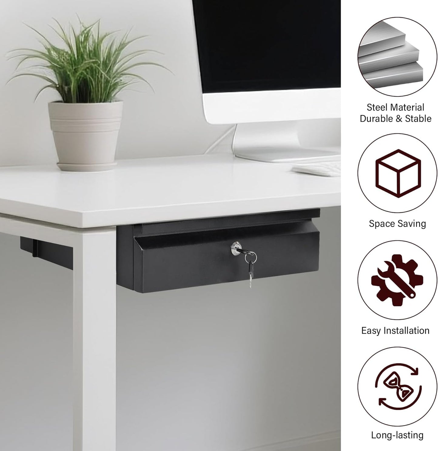 Under Desk Drawer 15.7" x 11.8" x 4.3", Under Desk Pull Out Drawer with Lock and Keys, 4.3” & 7.5” Optional Bracket Height, Storage Organizer for Workbench with Drawers