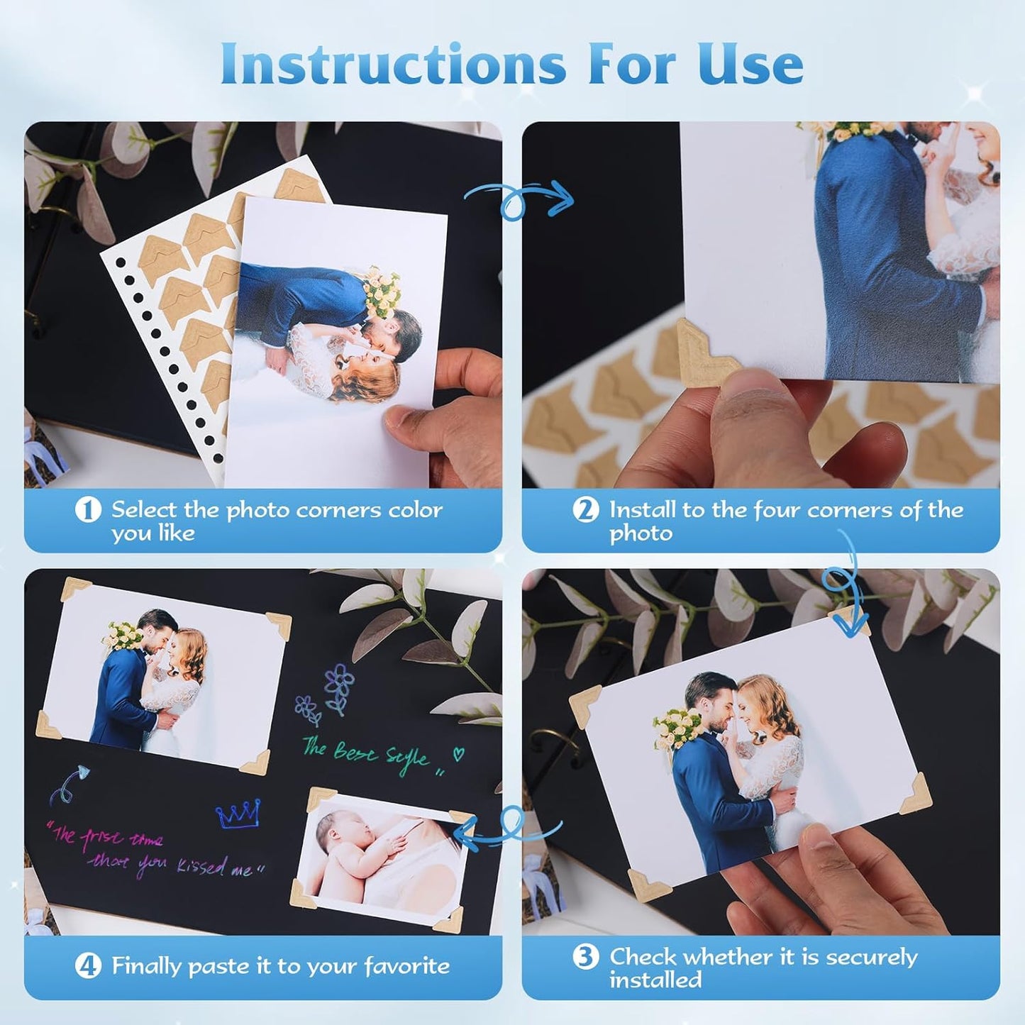 GOONAVI 10 Sheets 240 PCS Shiny Gold Acid-Free Photo Corners Notebook, Self-Adhesive Photo Corners for DIY Photo Album Journal, Photo Corner Stickers for Trip Journal Memory Book