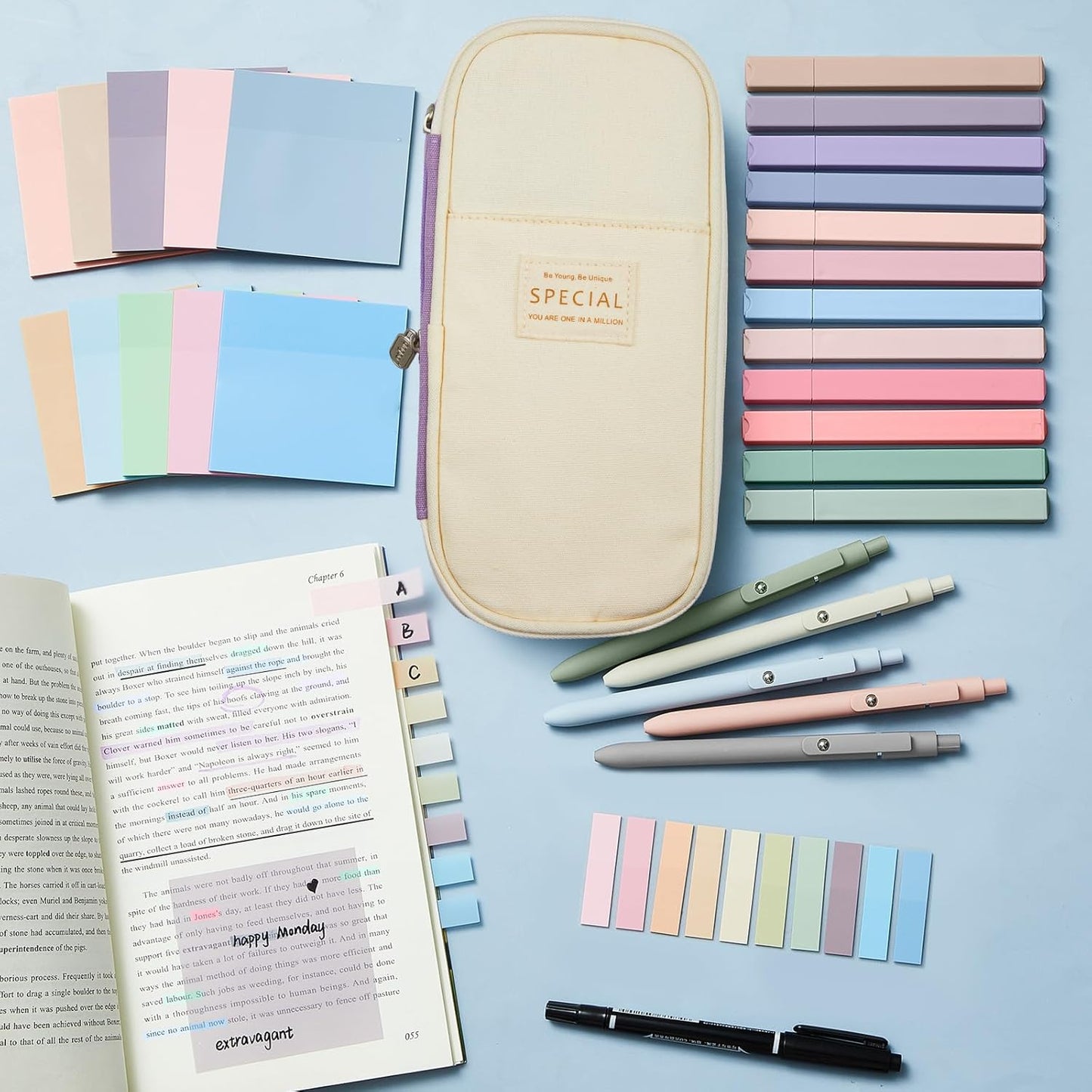 Jutom 39 Pcs Aesthetic Book Annotation Kit Highlighter with Pencil Case Bag Gel Pen Transparent Sticky Note Taking Bible Study College School Supplies(Purple,Cute Style)